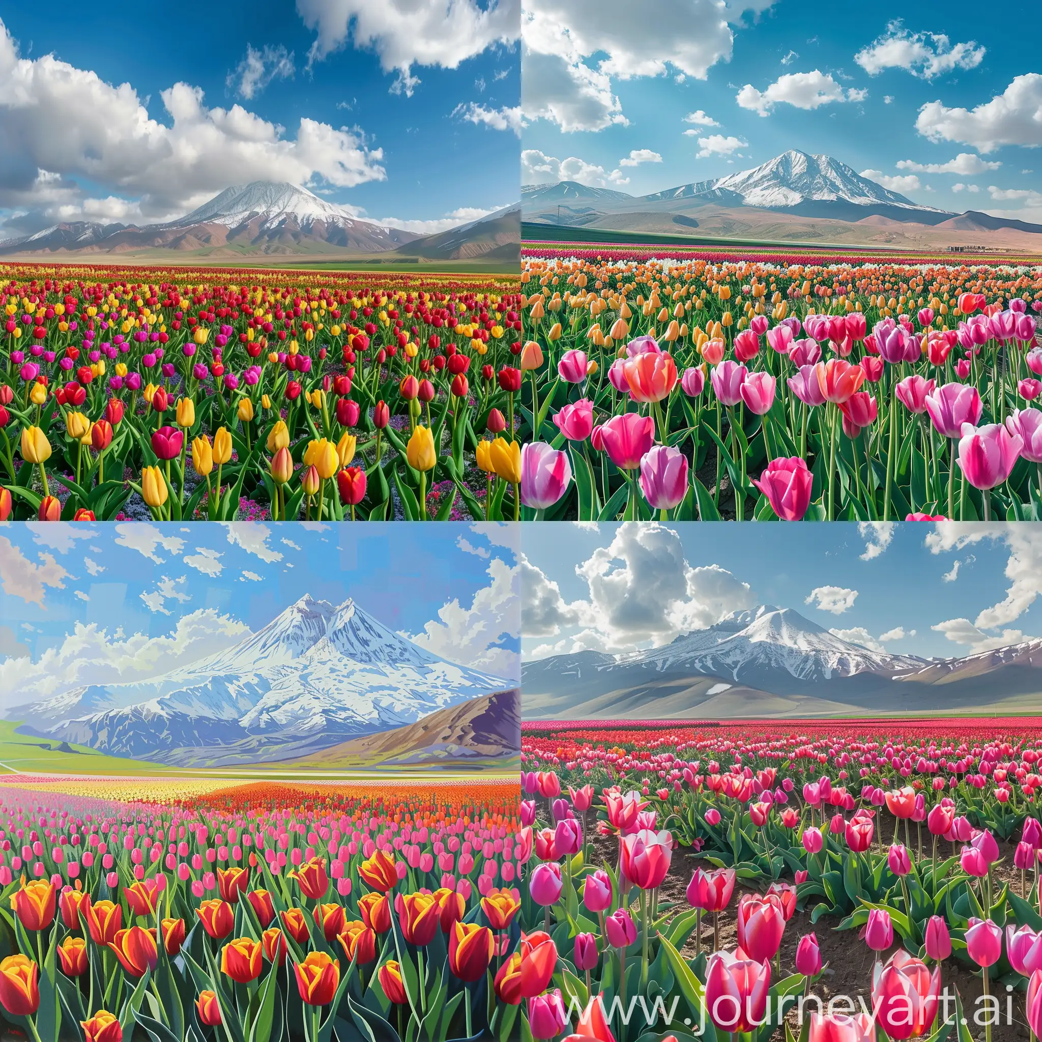 The entire plain is covered with tulips and in the distance is the Damavand peak, which is covered with snow and the weather is sunny and springy, illustration