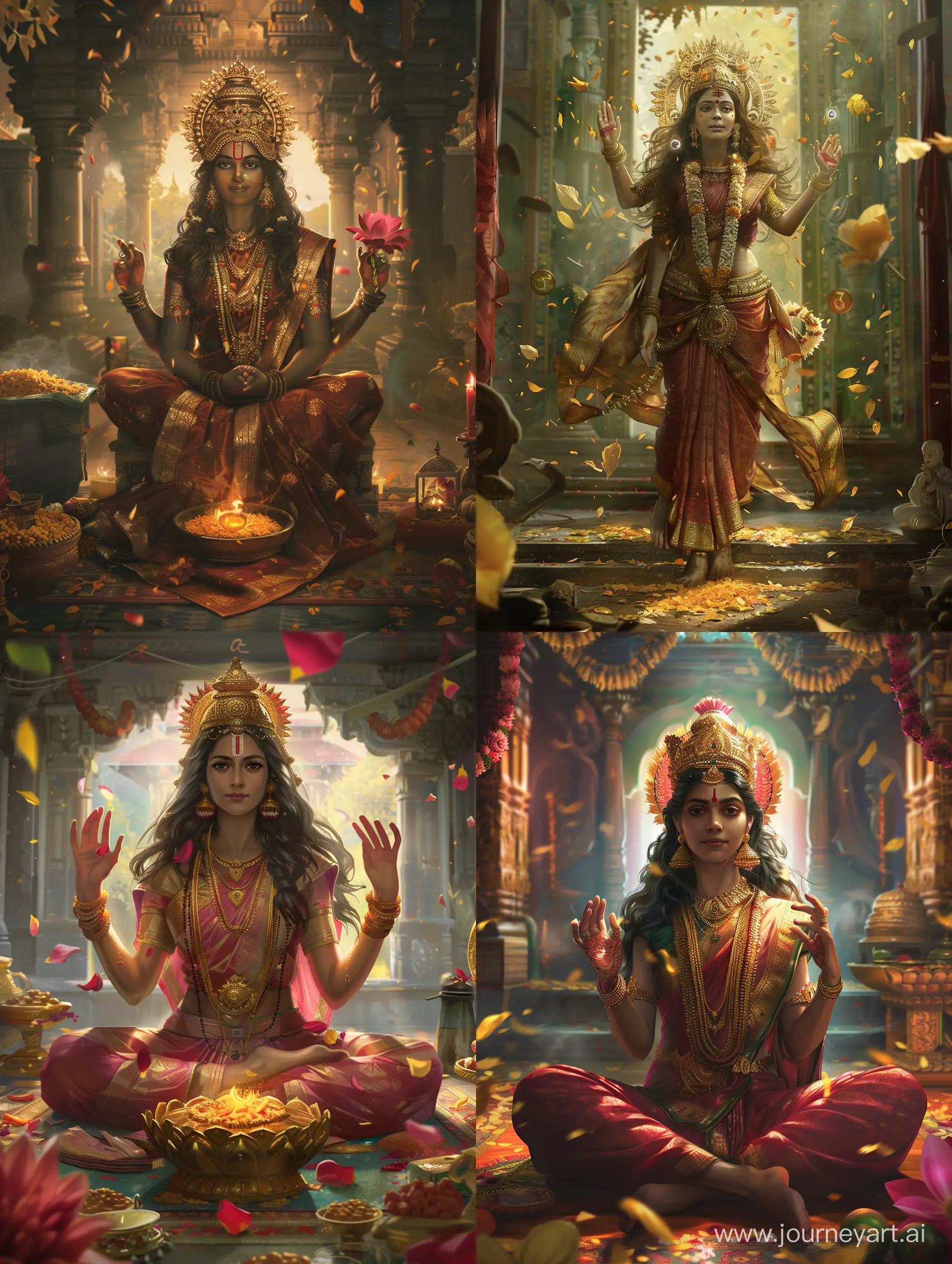 a depiction of Goddess Lakshmi that embodies the concept of wealth beyond material possessions. How would you visually convey abundance, prosperity, and financial well-being through her form, attributes, or surroundings