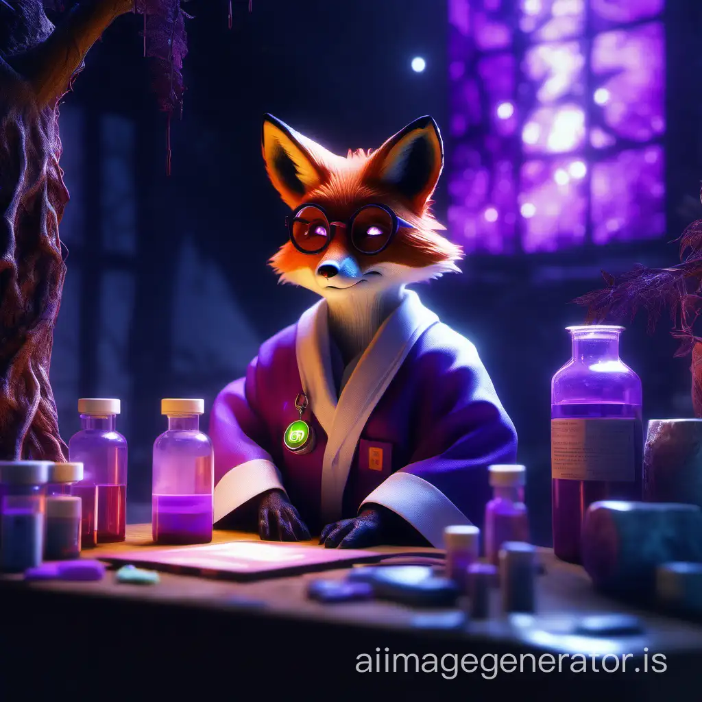 Forest, a fox sits in a medical gown and glasses. There are many different chemical vials around her. Cozy, mystical purple light, detailing, digital painting, cinematography, unreal 5, daz, hyperrealism, octane rendering.