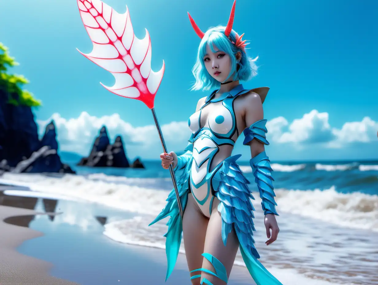 Japanese Sea Girl with Fish Spear in Futuristic Neon Cosplay