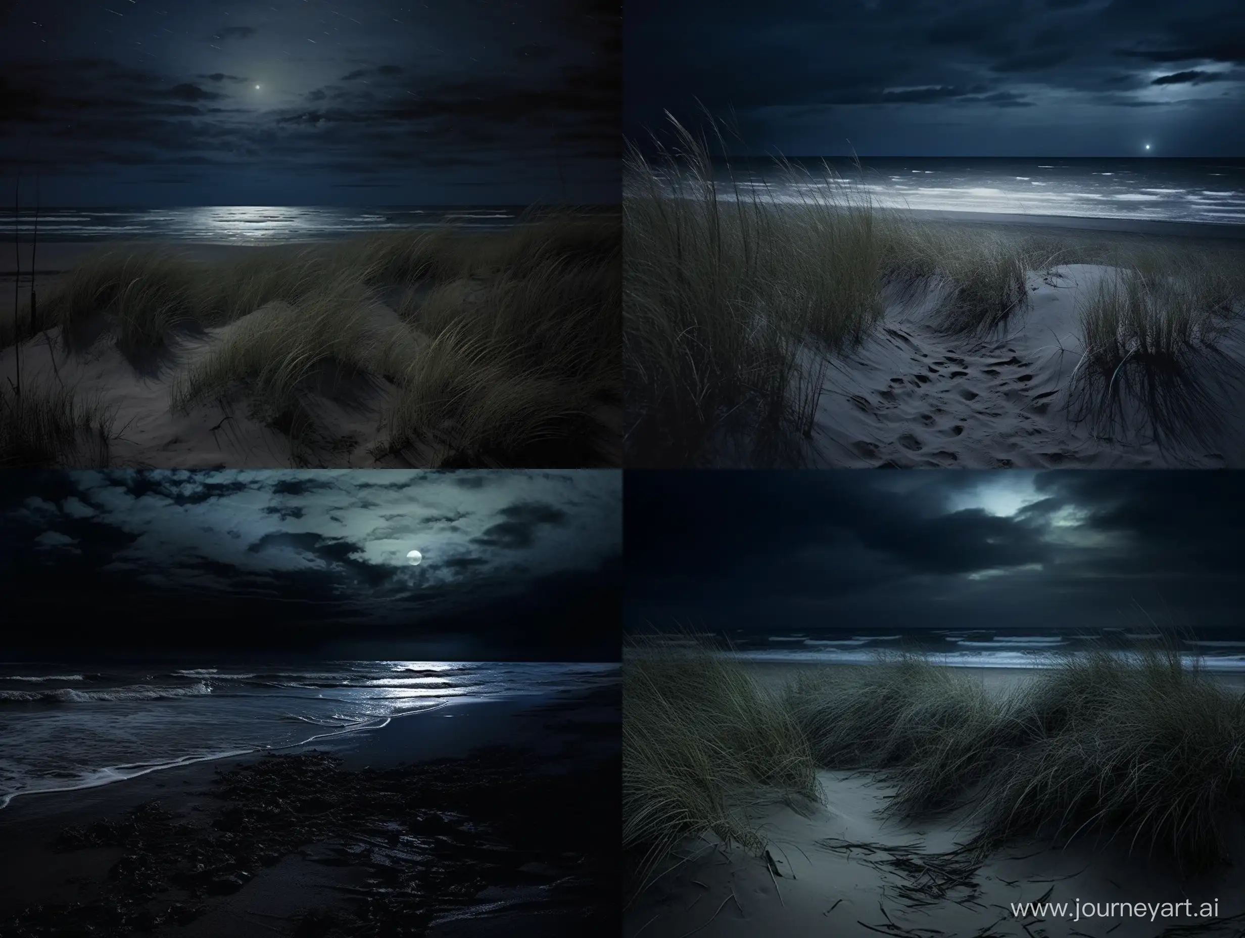 кромешная чёрная ночь, берег северного моря, тёмно синие тона, тёмный песок