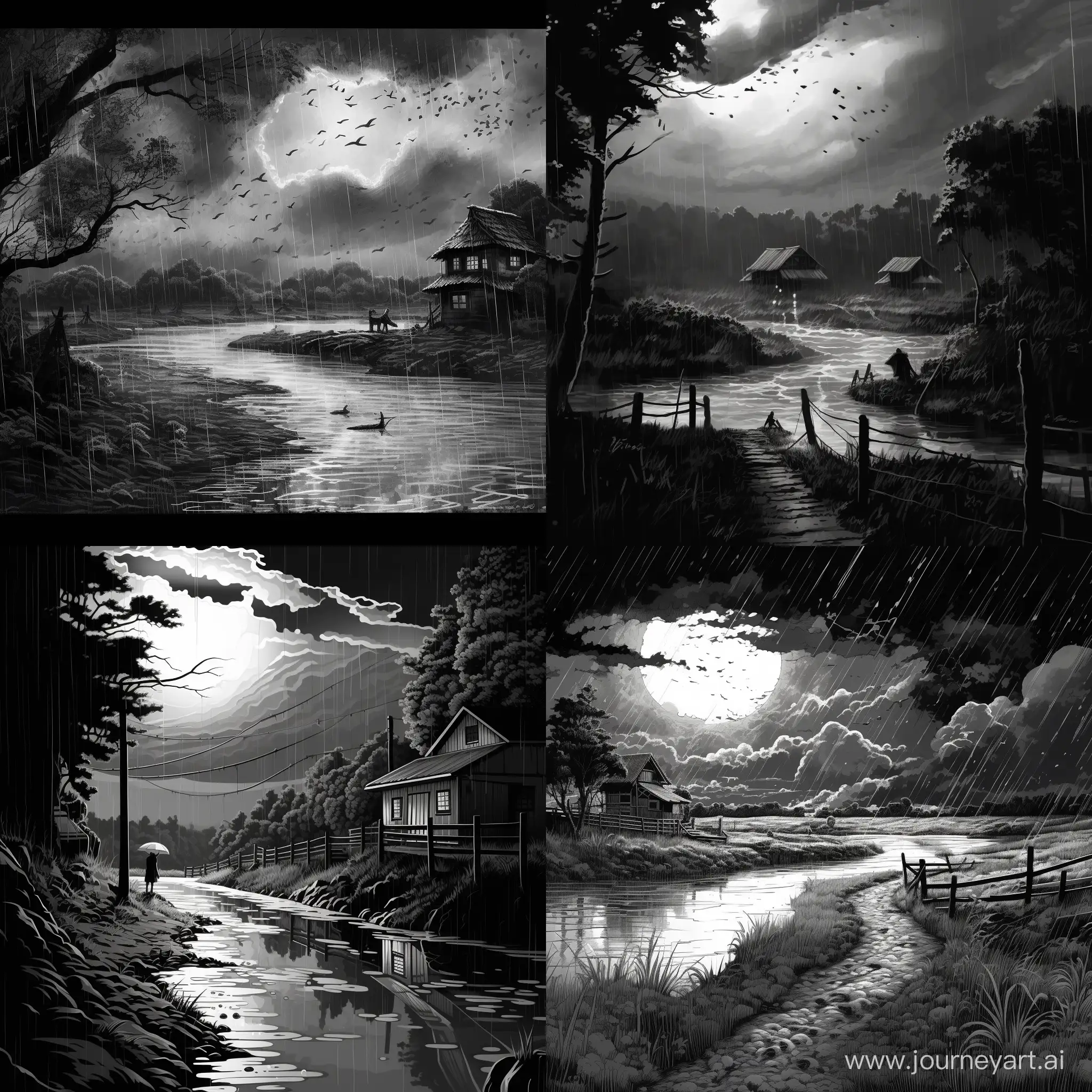 It started to rain heavily in landscapes near river in manga style black and white