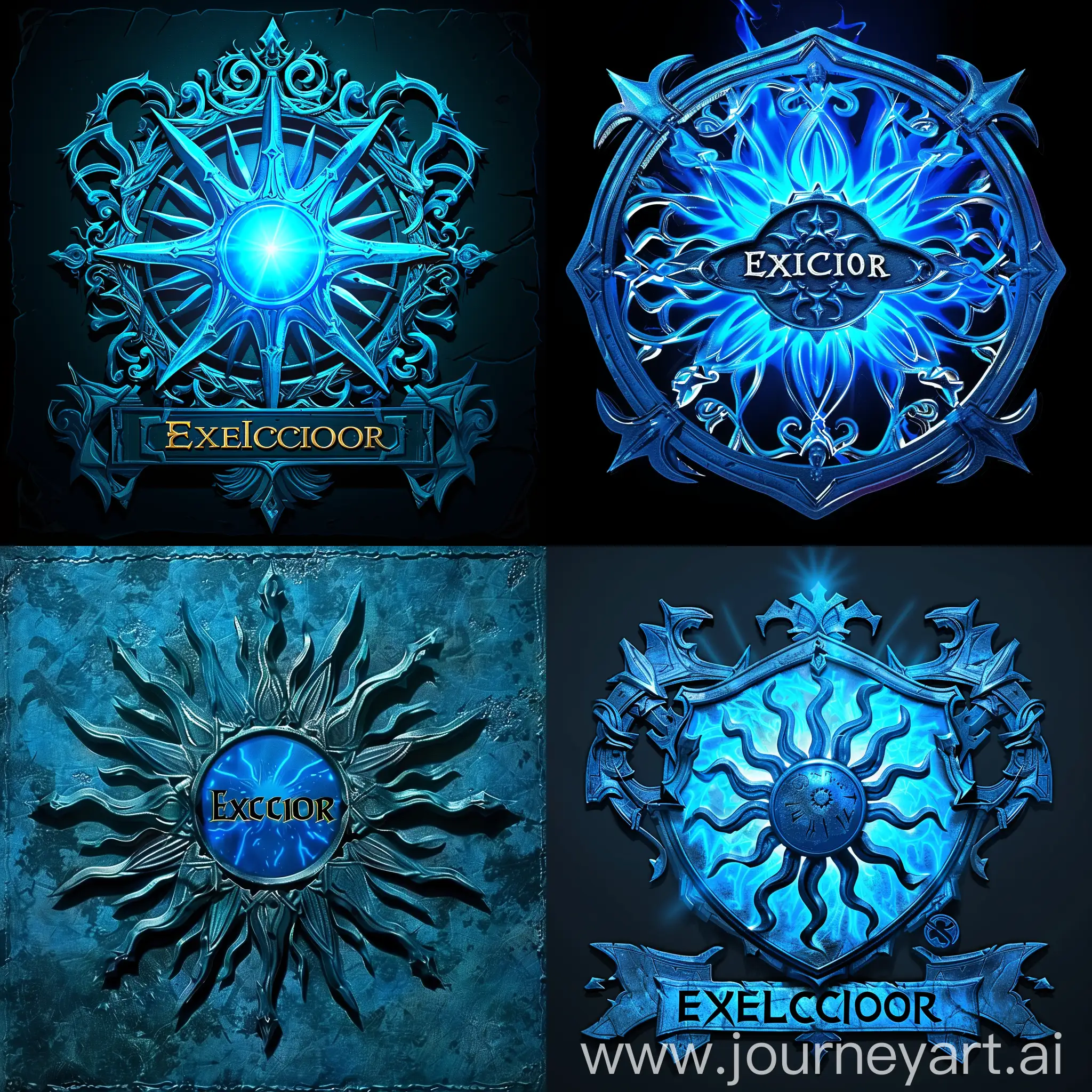 Emblema azul con el símbolo de un sol estilo medieval, está brillando con magia azul y tiene grabado el título "Exelcior" como un título de serie de animación de calabozos y dragones