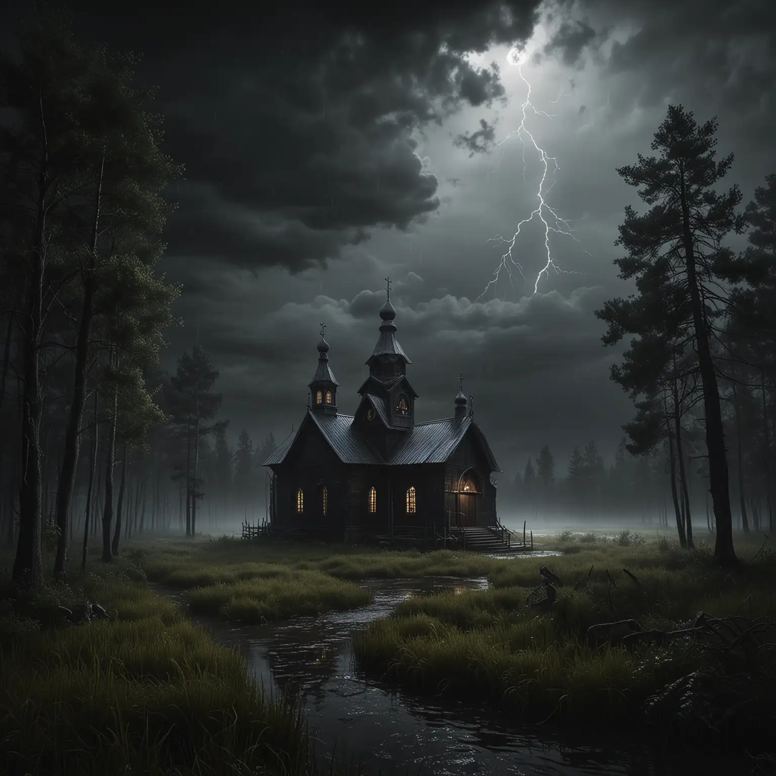 Eerie Night at the Greek Style Orthodox Church in the Dark Forest