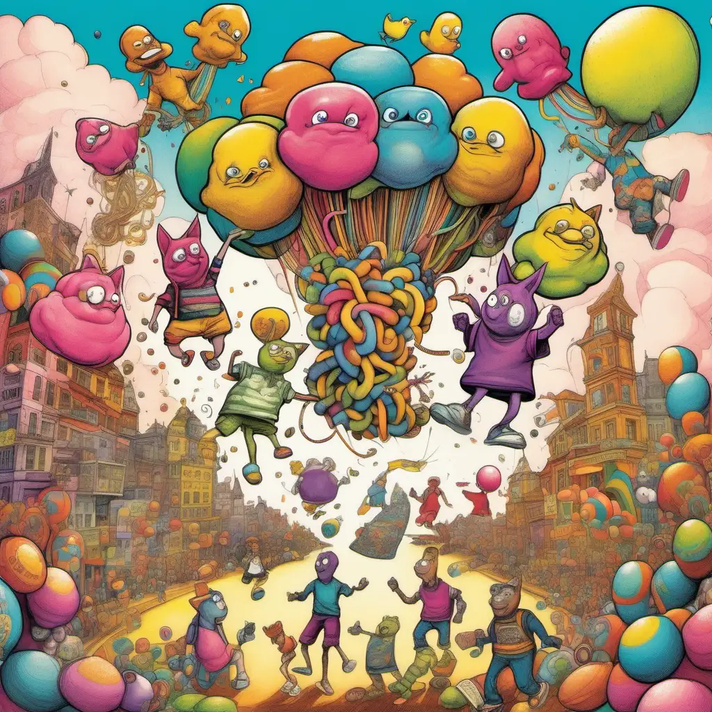 The drawing features a whimsical scene set against a backdrop of swirling colors and abstract shapes. At the center stands a group of anthropomorphic brains wearing colorful, oversized shorts with wild patterns. Each brain is depicted with exaggerated expressions, some smiling broadly while others seem lost in thought. They're engaged in various absurd activities, like juggling bananas, riding unicycles on tightropes made of spaghetti, and playing chess with mismatched pieces.

In the foreground, a microphone with speech bubbles emanating from it captures snippets of nonsensical banter: "Why do ducks wear raincoats?" "If cats could dance, would they tango or breakdance?" "What if clouds were made of cotton candy?" These phrases float around the brains, emphasizing the podcast's focus on playful and imaginative conversations.

In the background, a vibrant landscape unfolds, with fantastical elements like talking trees, flying pigs, and a rainbow-colored river flowing through a landscape of candy mountains. This surreal setting further reinforces the podcast's commitment to sparking creativity and embracing the absurd.