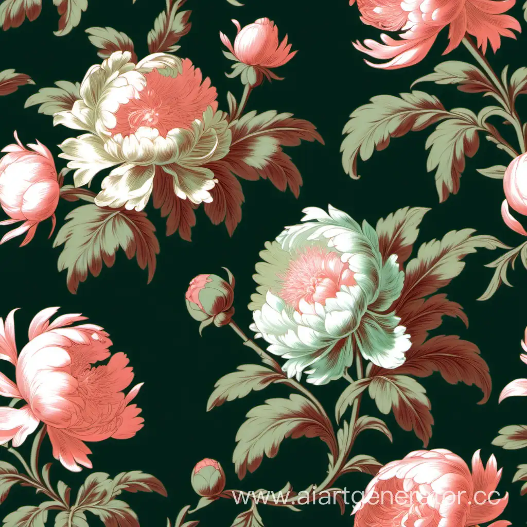peonies and buds, Baroque Jean-Honoré Fragonard style, seamless wallpaper, pastel colors on a dark green background, large repeat --tile