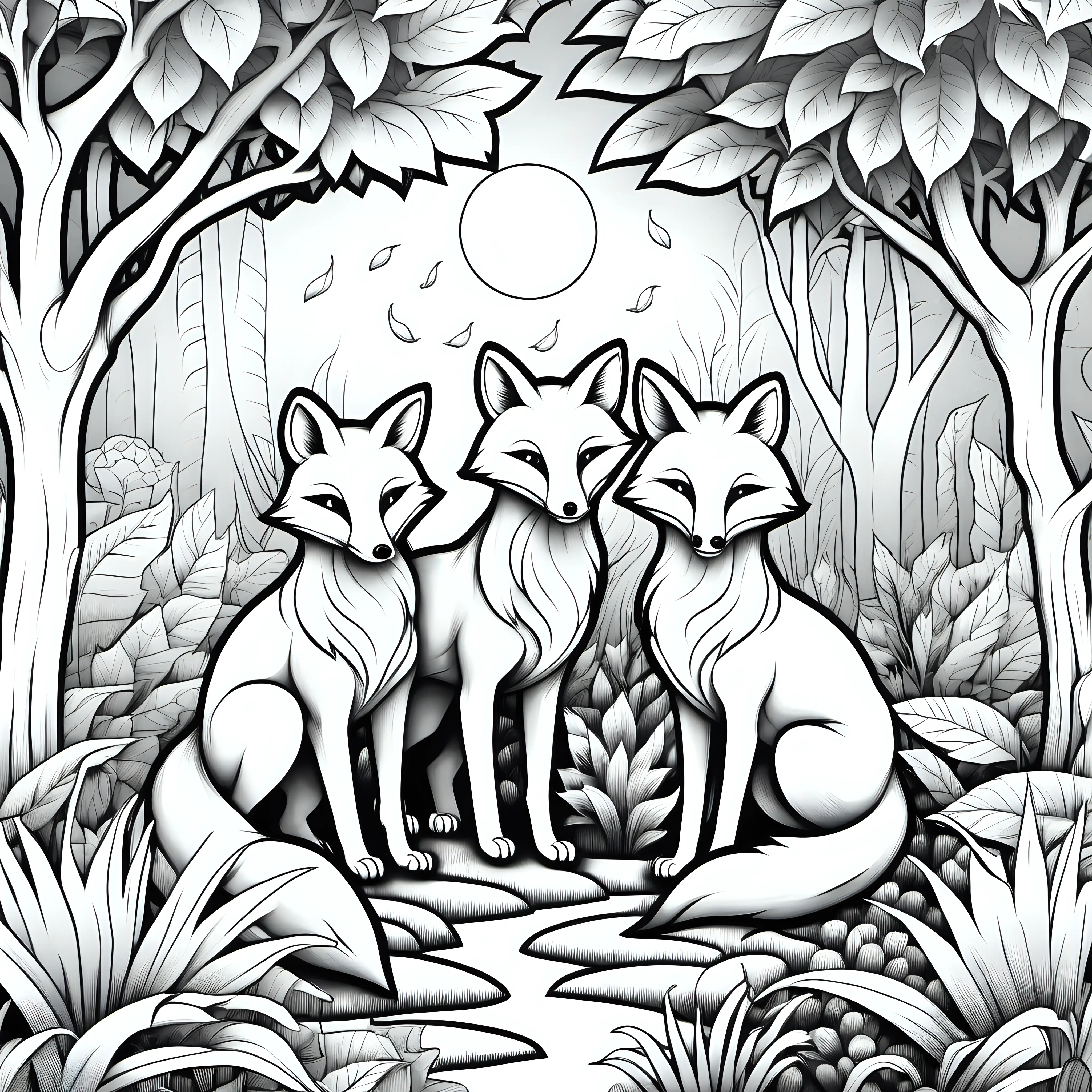 Coloring page for kids, Foxes in Garden of Eden, clean line art