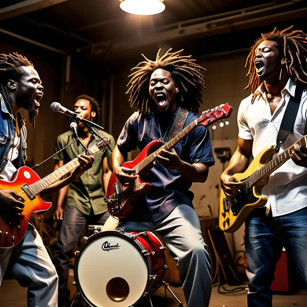 Produce an image showcasing a dynamic scene of five African American men engaged in a garage band performance. Capturing the raw essence of their musical synergy, depict them passionately playing various instruments within the garage setting. Additionally, feature a bohemian black woman with flowing dreadlocks, exuberantly belting out rock music into a microphone, contributing to the vibrant atmosphere of the scene.