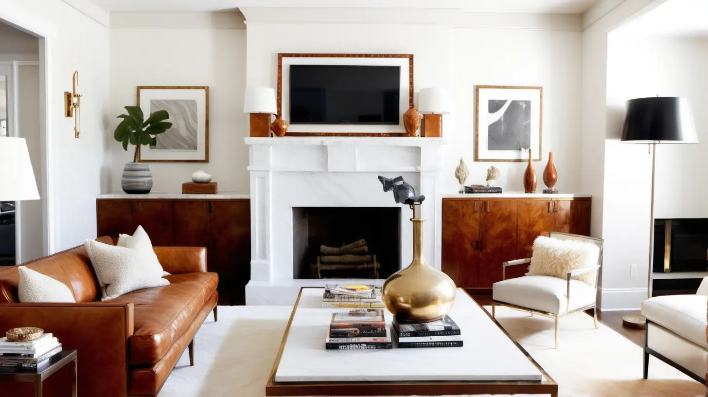 Living room, white marble fireplace, beige trim, cb2, leather sofa, eclectic, drama, light and bright, frame TV, lamp, white walls, burl wood