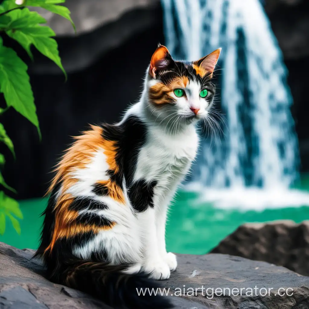 Enchanting-ThreeColored-Kitty-with-Green-Eyes-by-the-Waterfall