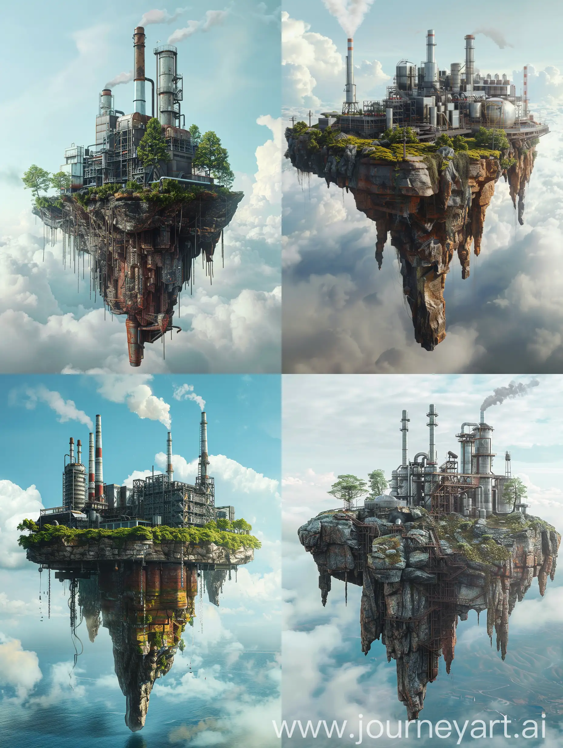floating island with a new high tech factory on it, realistic, cinematic