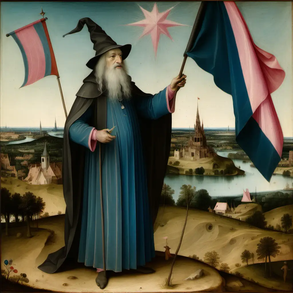 bosch painting depicting a wizard holding a blue, white and pink striped flag
