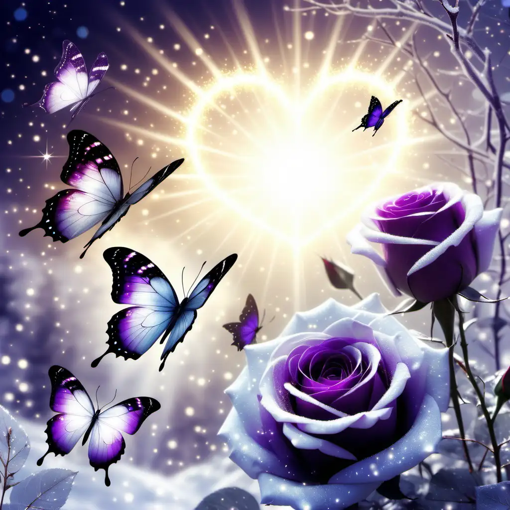 Enchanting Winter Scene with BiColored Roses Butterfly and Linked Hearts