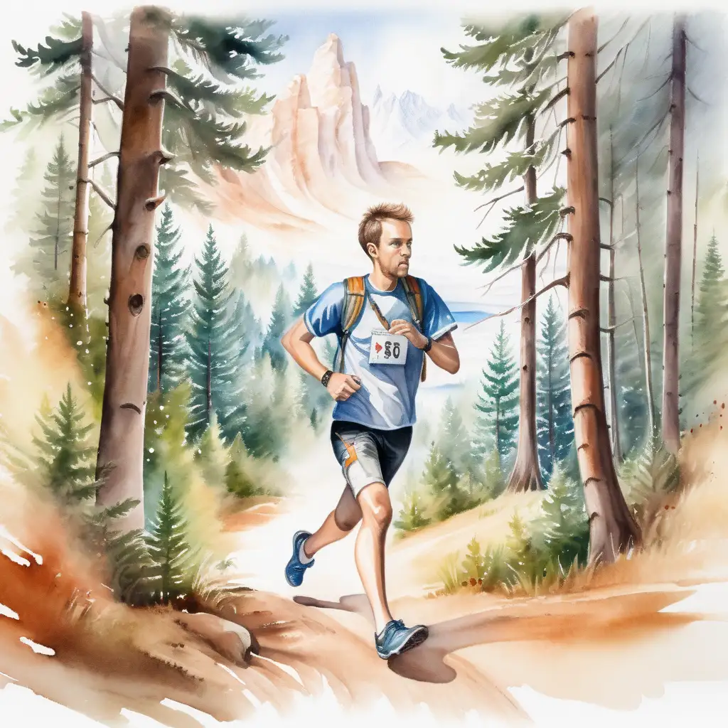 En kille som springer orientering  , en skog i bakgrunden lite diffust målat med vattenfärg, karta , kompass i handen 