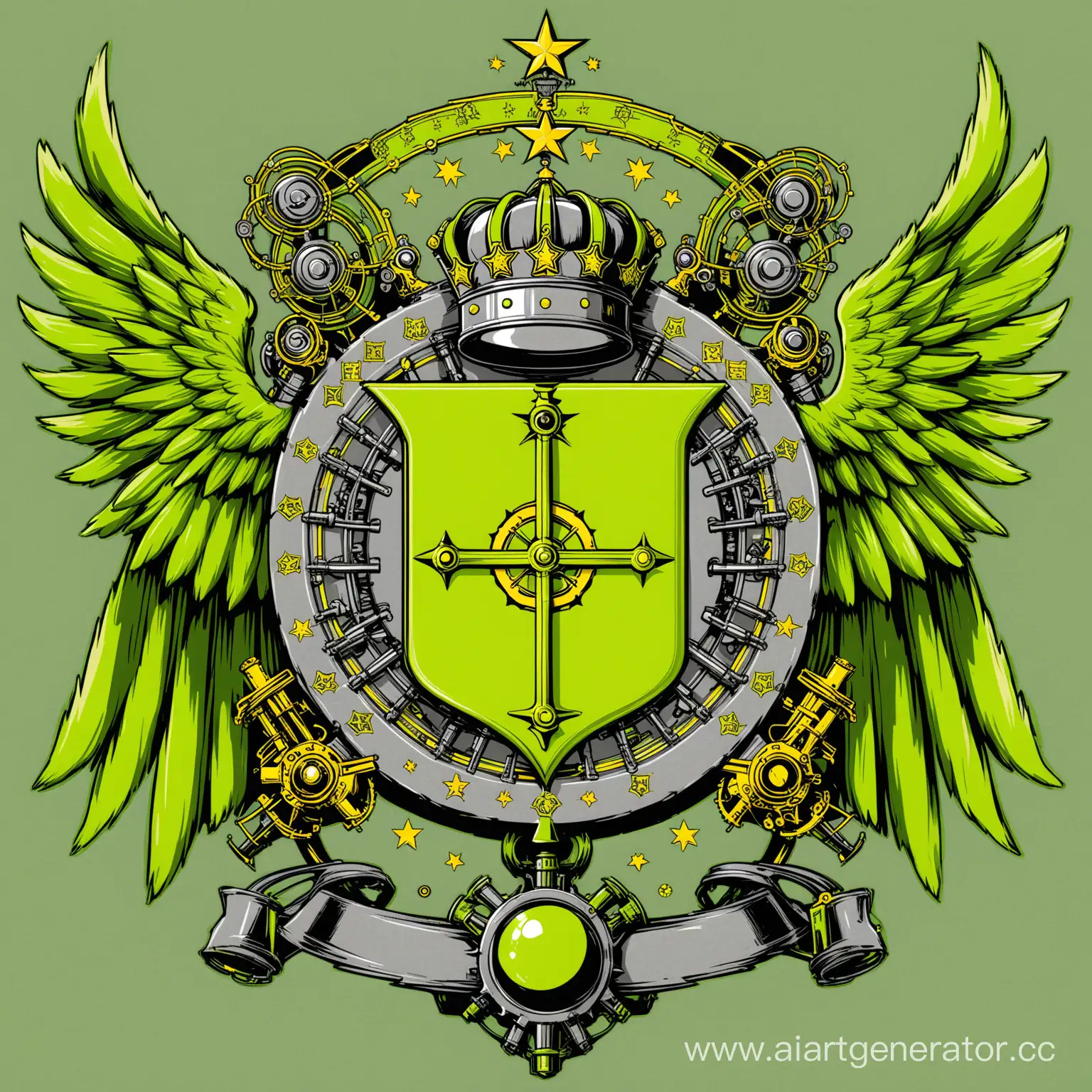 Герб Империи Эпсилон, Эпсилон выдуманная держава Короли Механизмов и Химии, нарисовать в тонах кислотно зелёного, механическо серого, жёлтого