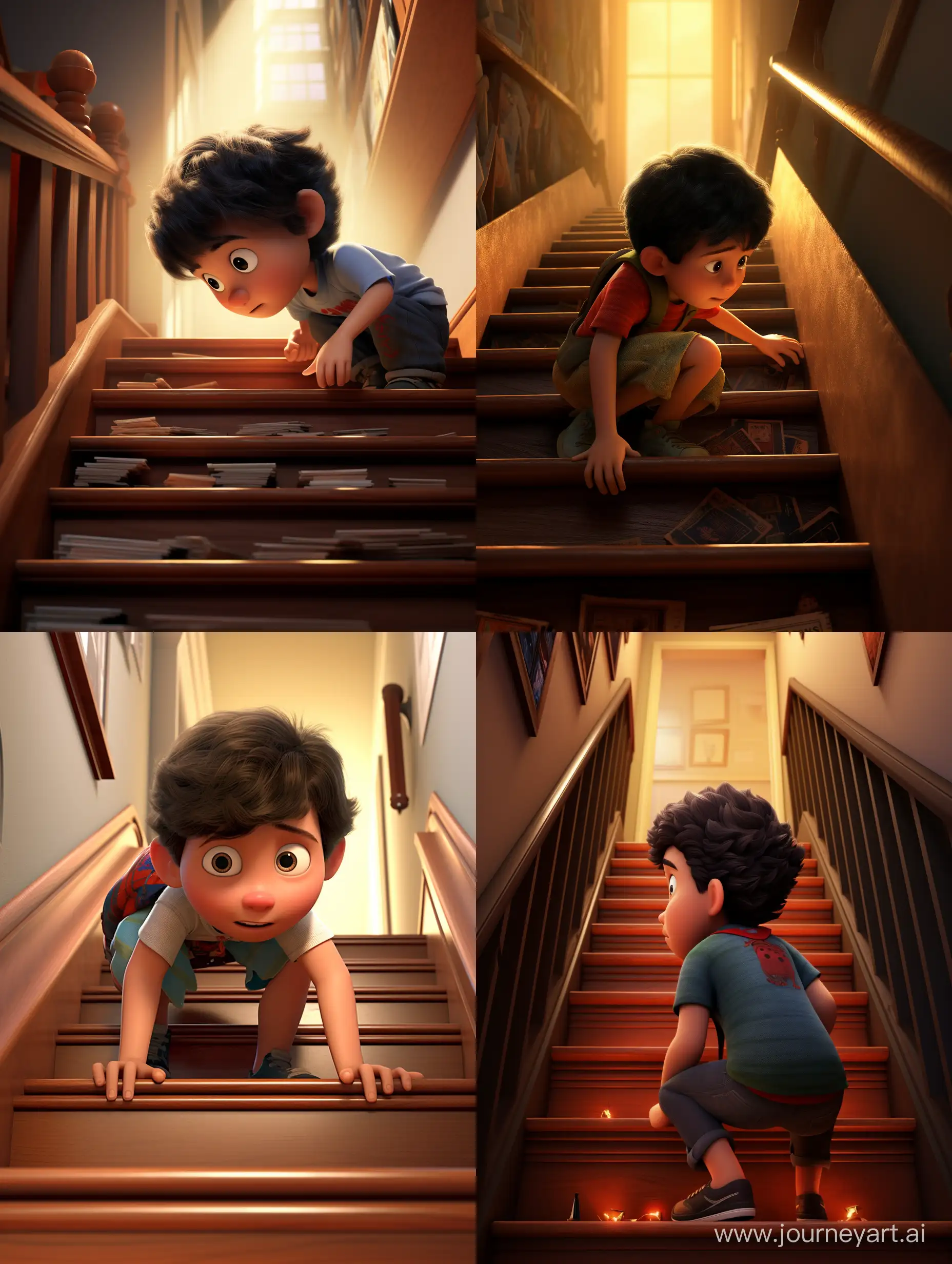 A child on all fours carefully descends the stairs. Pixar style