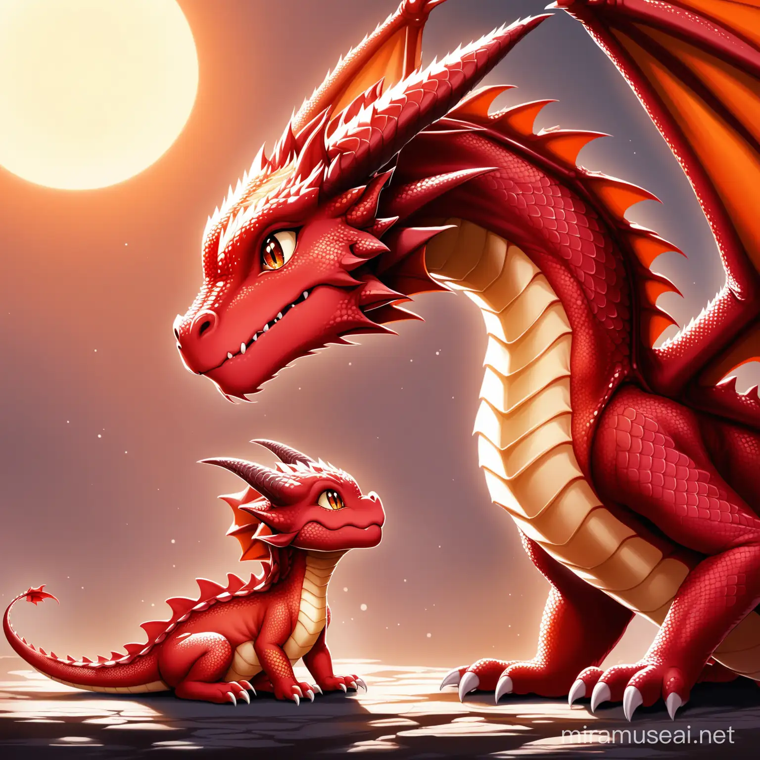 red baby dragon looking at his mother
