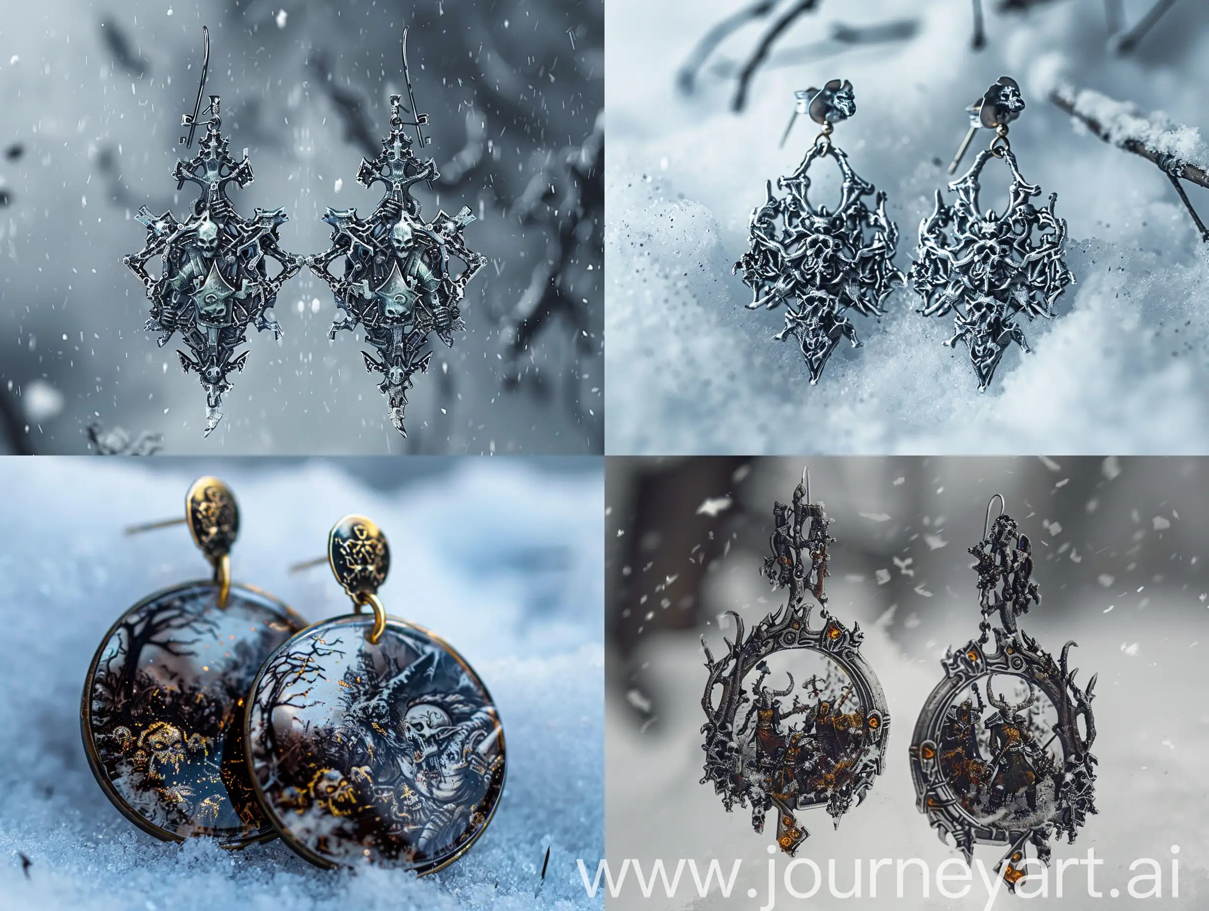 vampire divine godess elf necromancer cimmerian from warcraft jewelry earrings evil with abstract symmetrical representation of horde of zombies in tundra haze snow storm