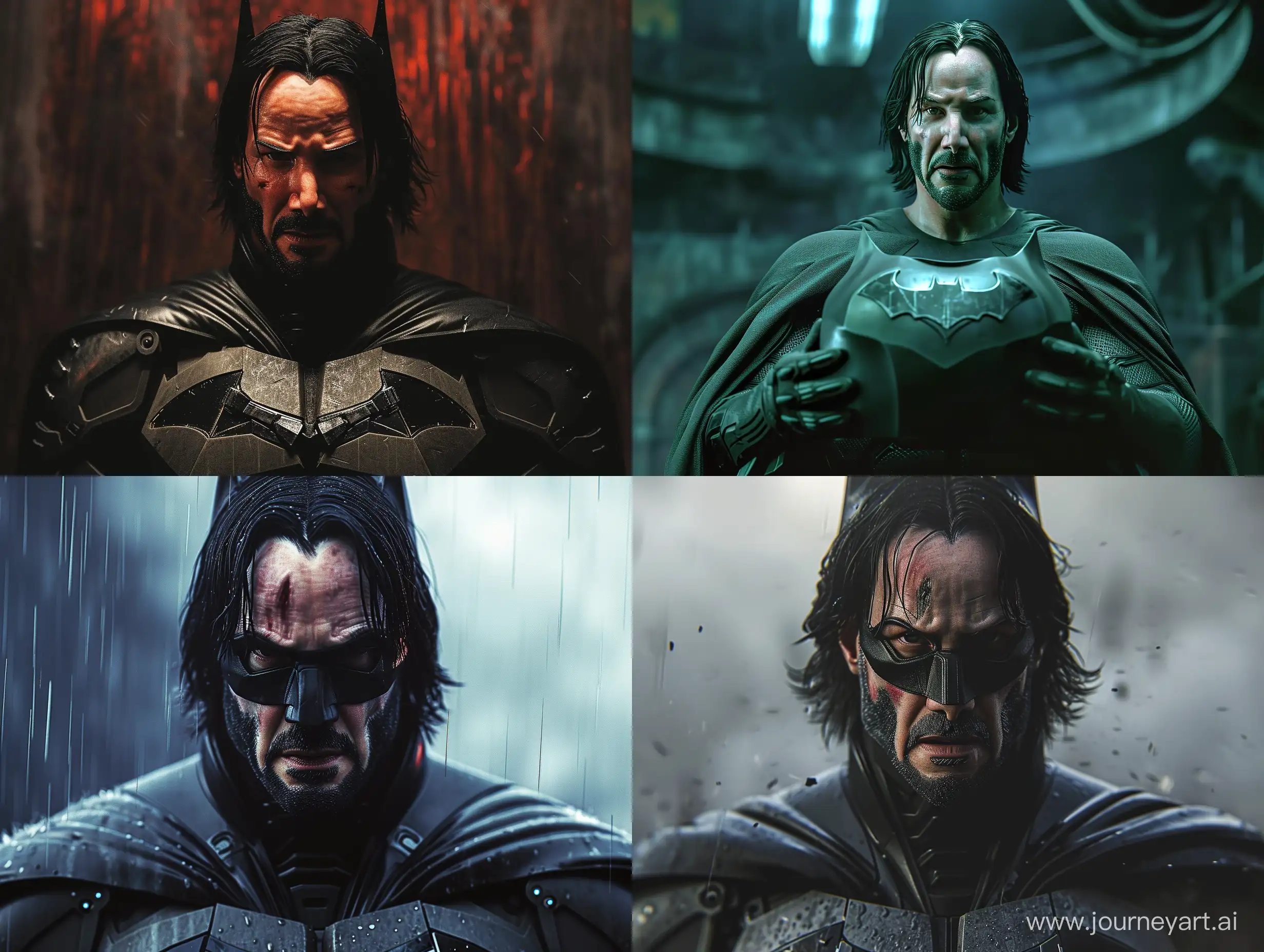 Keanu Reeves is Batman without mask, a shot from a Zack Snyder movie, epic, cinematic, photorealistic, ultra-detailed, 4k 