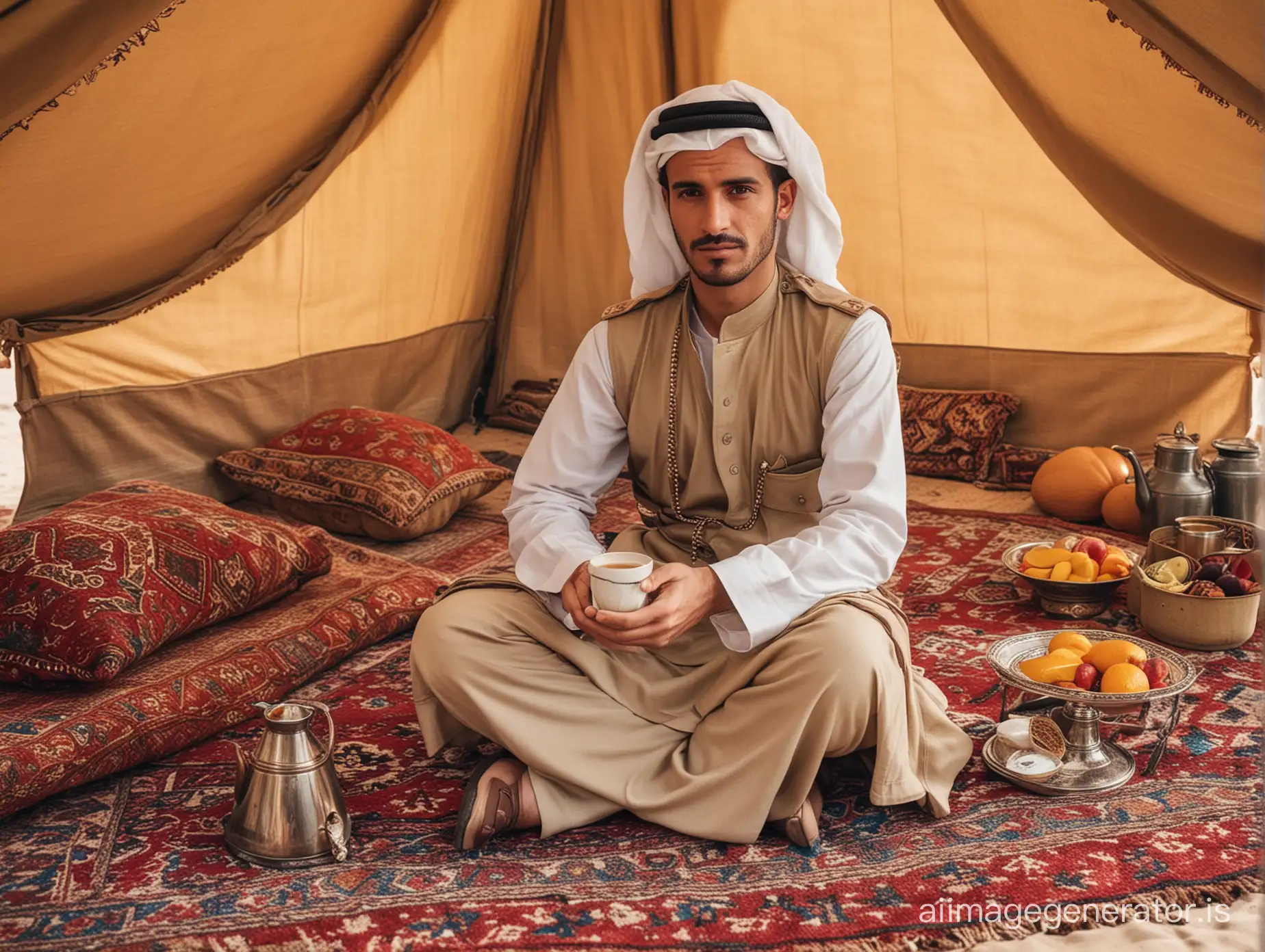 in the desert, a European man, 30, clean-shaven, dressed in the uniform of an Arab sheikh, sits in a luxurious tent on a beautiful carpet, holding a cup of hot coffee in his hand and staring into the lens. Various fruits and gourmet food are laid out on the carpet. Outside the tent, a dusty off-road vehicle is parked next to the camel column