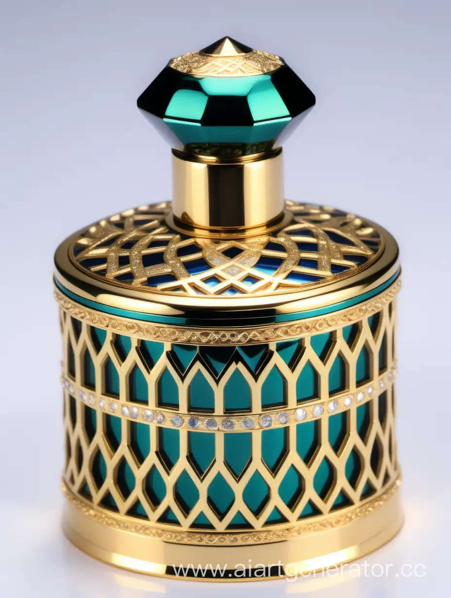 Luxury Plastic Perfume decorative ornamental long cap, gold color with black and dark green blue border line arabesque pattern round shaped metallizing finish with diamond on top