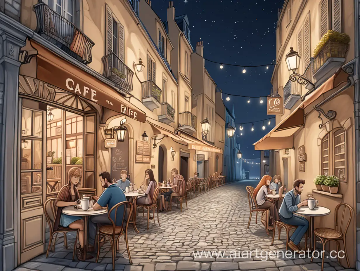 нарисуй французский переулок с кафе в 2д мультящном стиле с одного ракурса ночью симетрия с сидящим снаружи людьми пьющими чай