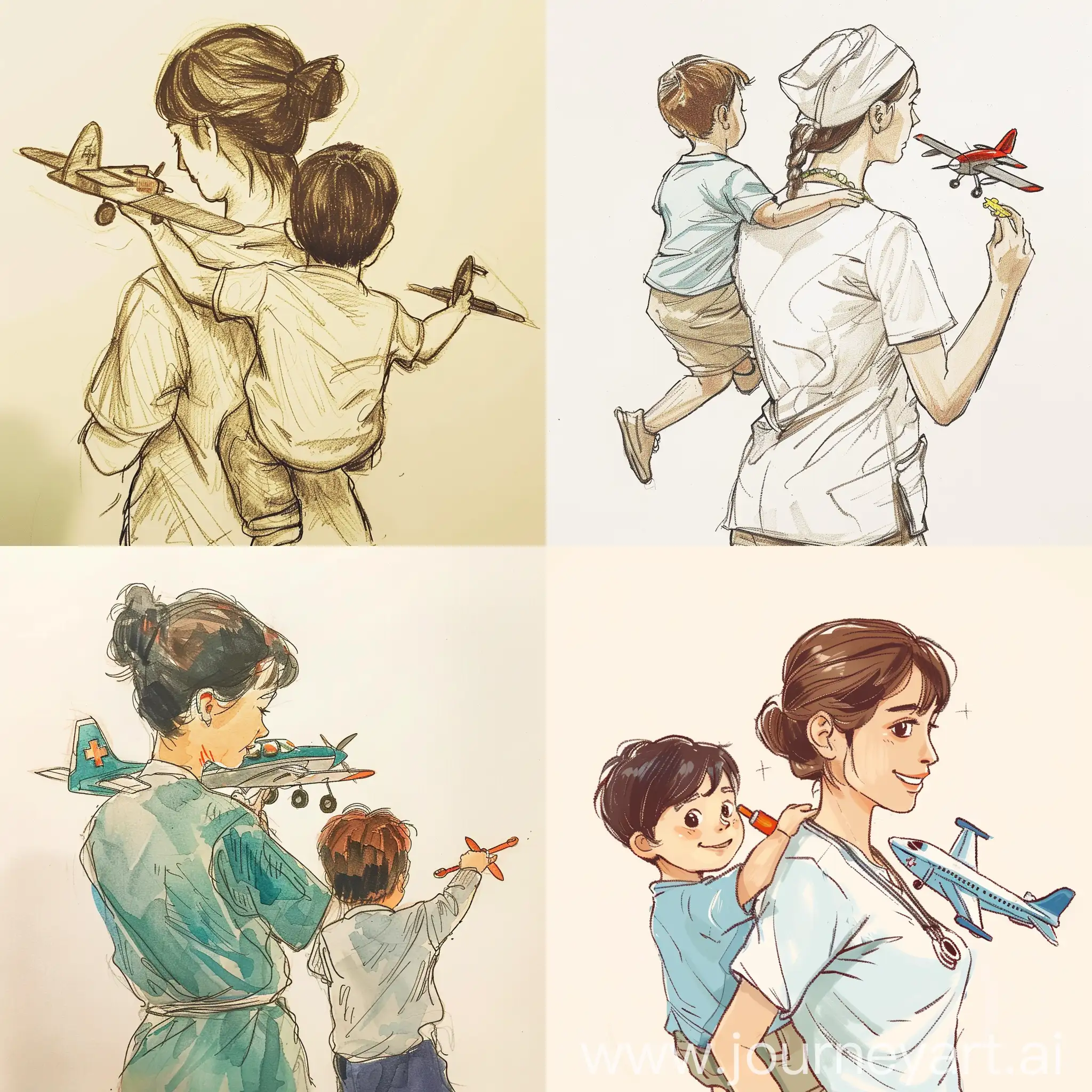 I want a simple drawing of a little boy playing with a toy plane on the back of his big sister, a adult nurse