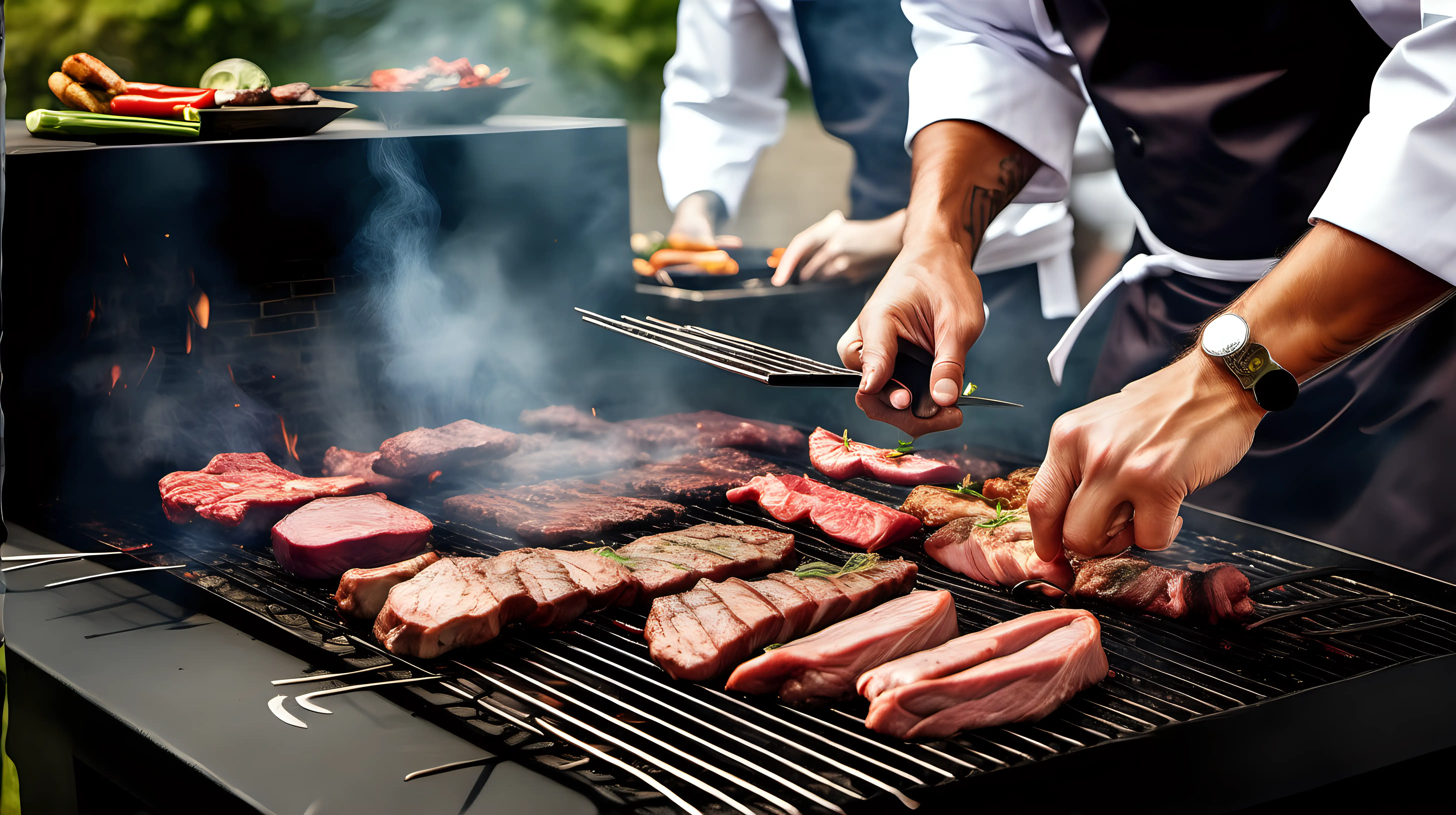 Showcase the skilled hands of the chef as they expertly flip the meat on the barbecue, capturing the moment of culinary mastery in action.