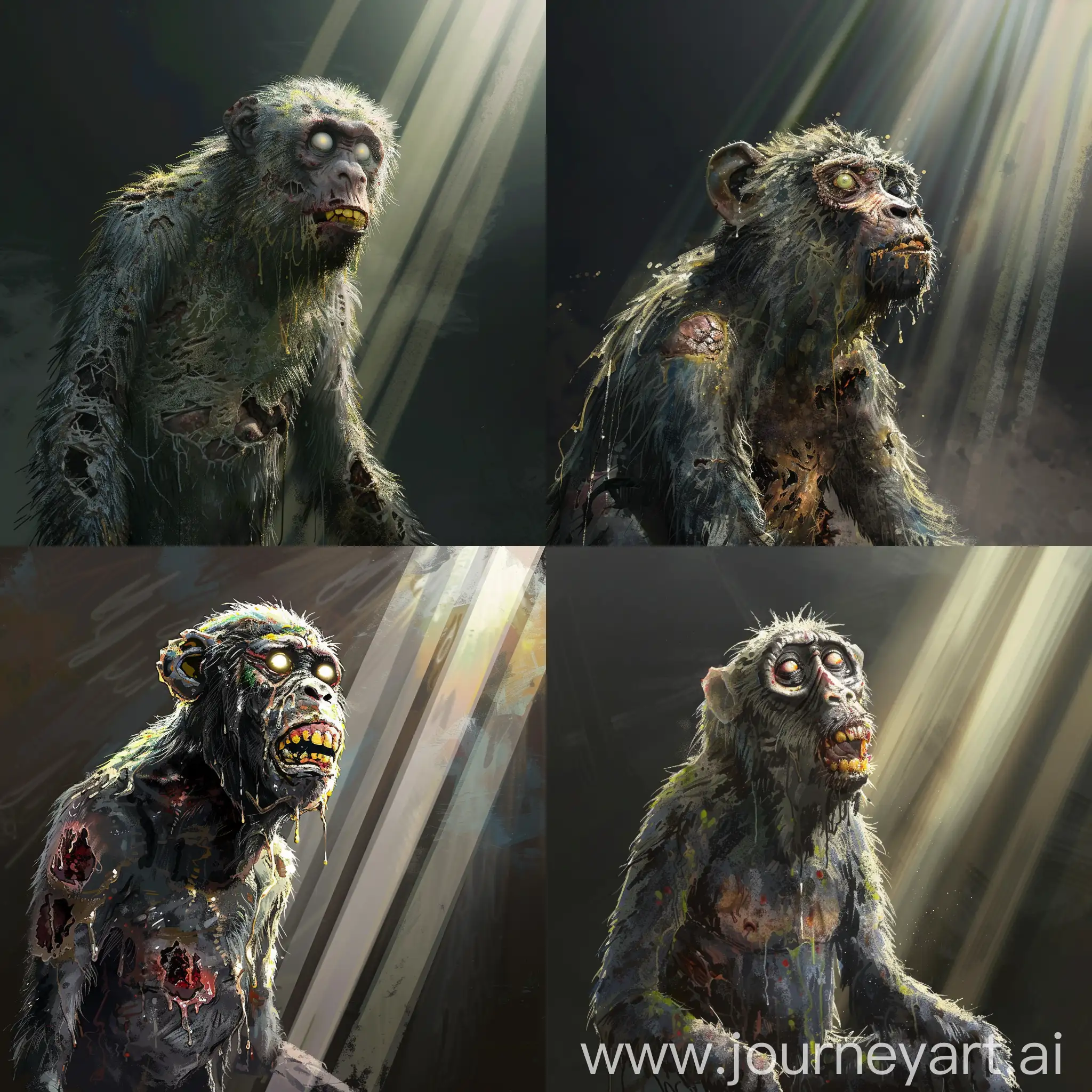 Creating a zombie hamadryad image in Renaissance style:  1. Lighting: - Narrow beams of light should come from the upper right corner of the image to partially illuminate the face and part of the upper torso of the zombie hamadryad. - The shadows should be deep and add drama to the image, emphasizing the terrible appearance of a zombified baboon.  2. The color scheme: - Use shades of gray, green, yellow and black to convey a zombie atmosphere with rotting flesh and secretions. - Add white eyes and yellow teeth to create contrast and disgust.  3. Composition: - Place the zombie hamadryad in the center of the composition to attract the viewer's attention and create a focus on its terrible appearance with wet fur and torn shreds. - Let the arms hang down to add an element of chaos and horror to the image.  4. Mood: - The atmosphere should be stuffy and disgusting in order to cause the viewer to feel horror and disgust in front of the zombie hamadryad. - Details of rotting flesh, secretions and blind eyes should emphasize the degeneration and terrible appearance of the creature.  The final image should be made in the Renaissance style, taking into account all the specified details and features of the terrible zombie hamadryad.