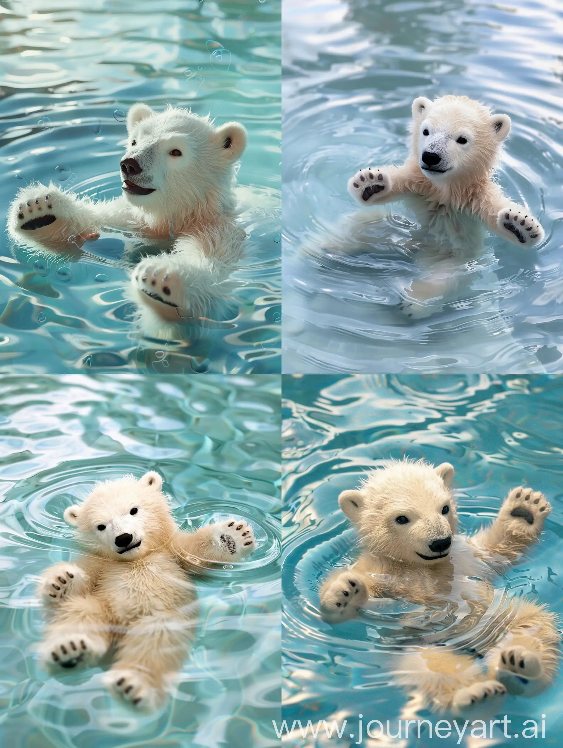 baby polar bear floating in the pool, playing with the water ripples, cute and fluffy, white fur, happy expression, adorable, cinematic shot, in the style of Pixar