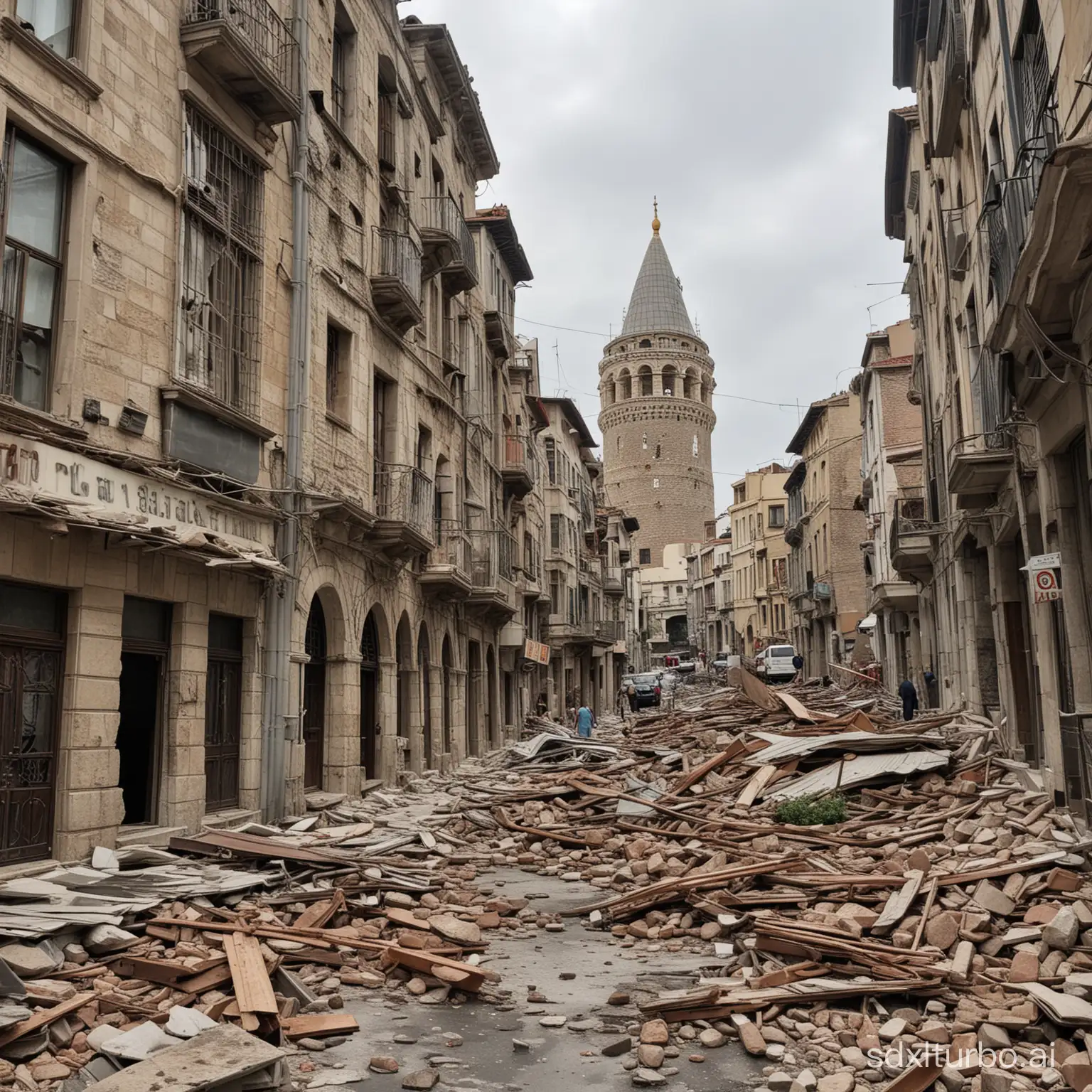 collapsed and ruined buildings around the Galata Tower in Istanbul