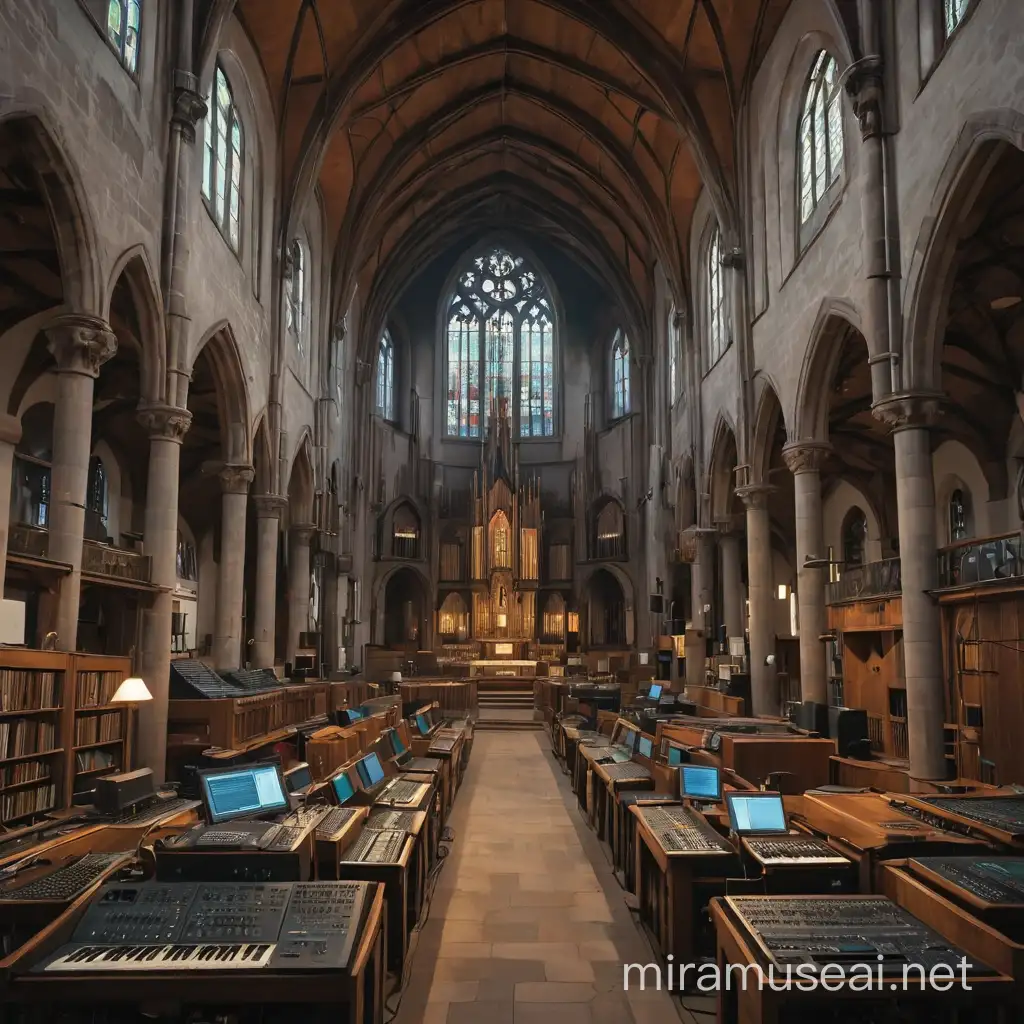 German lutheran church in the 17th century, filled with electronic equipment, amplifiers, loudspeakers and synthesizer, in a cyberpunk fashion