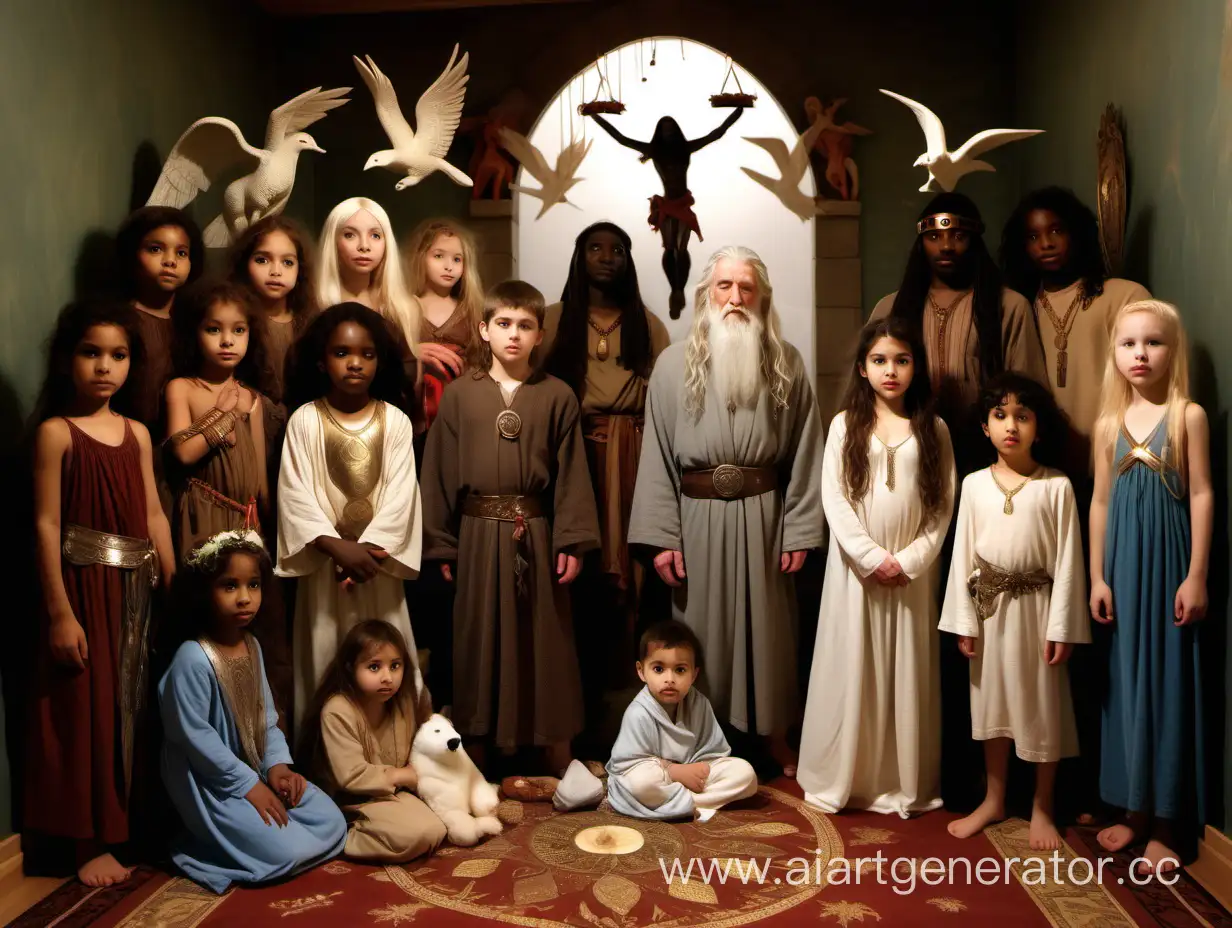 Six Northern European, Southern European, Eastern European, West European, Central European, and six Middle Eastern, Central Asian, South Asian, Eastern Asian, North African and Black African children celebrating Winter Solstice indoors in a festive, decorated hall with Jesus, Christ, Odin, Freya, Krishna and Ishtar and Aphrodite and  Daenerys Targaryen,  Lilith and Goddess Danu  and Pan  and Gandalf  and  Galadriel  and animals