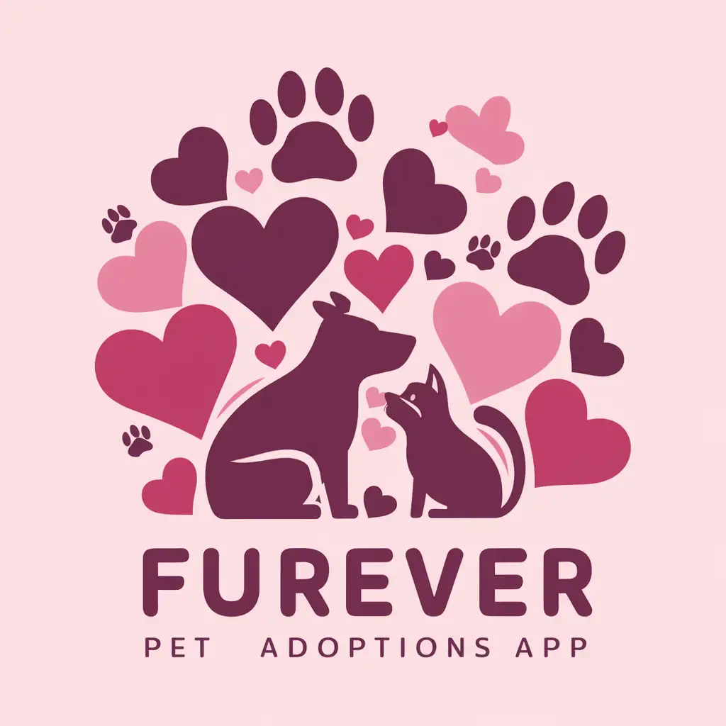 A logo for Furever Adoptions, an animal adoption service app. Pink as a theme color. Hearts and paw prints in the background.