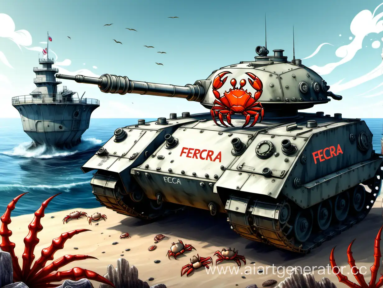 Нарисуй танк с надписью FECRA сбоку башни на фоне моря. На башне танка сидит крутой краб
