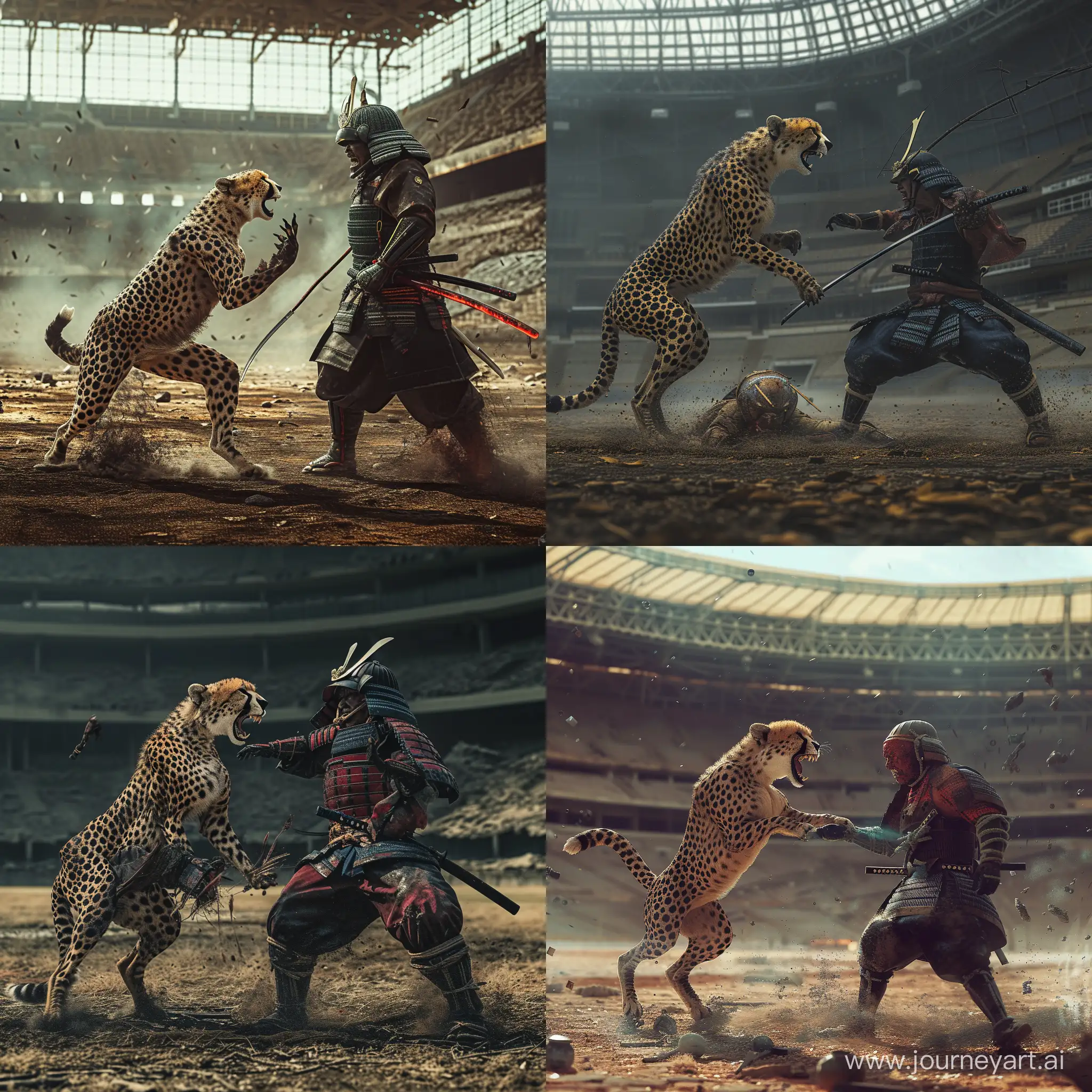 Intense-Encounter-Angry-Cheetah-Confronts-Wounded-Samurai-in-Abandoned-Stadium