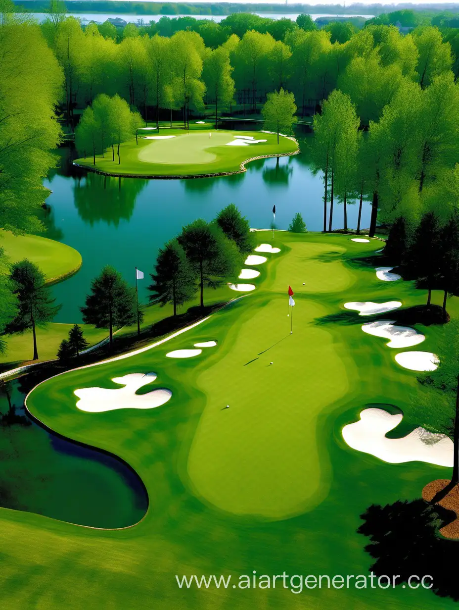 Vibrant-Golf-Courses-and-Scenic-Lakescape-with-Colorful-Greenery