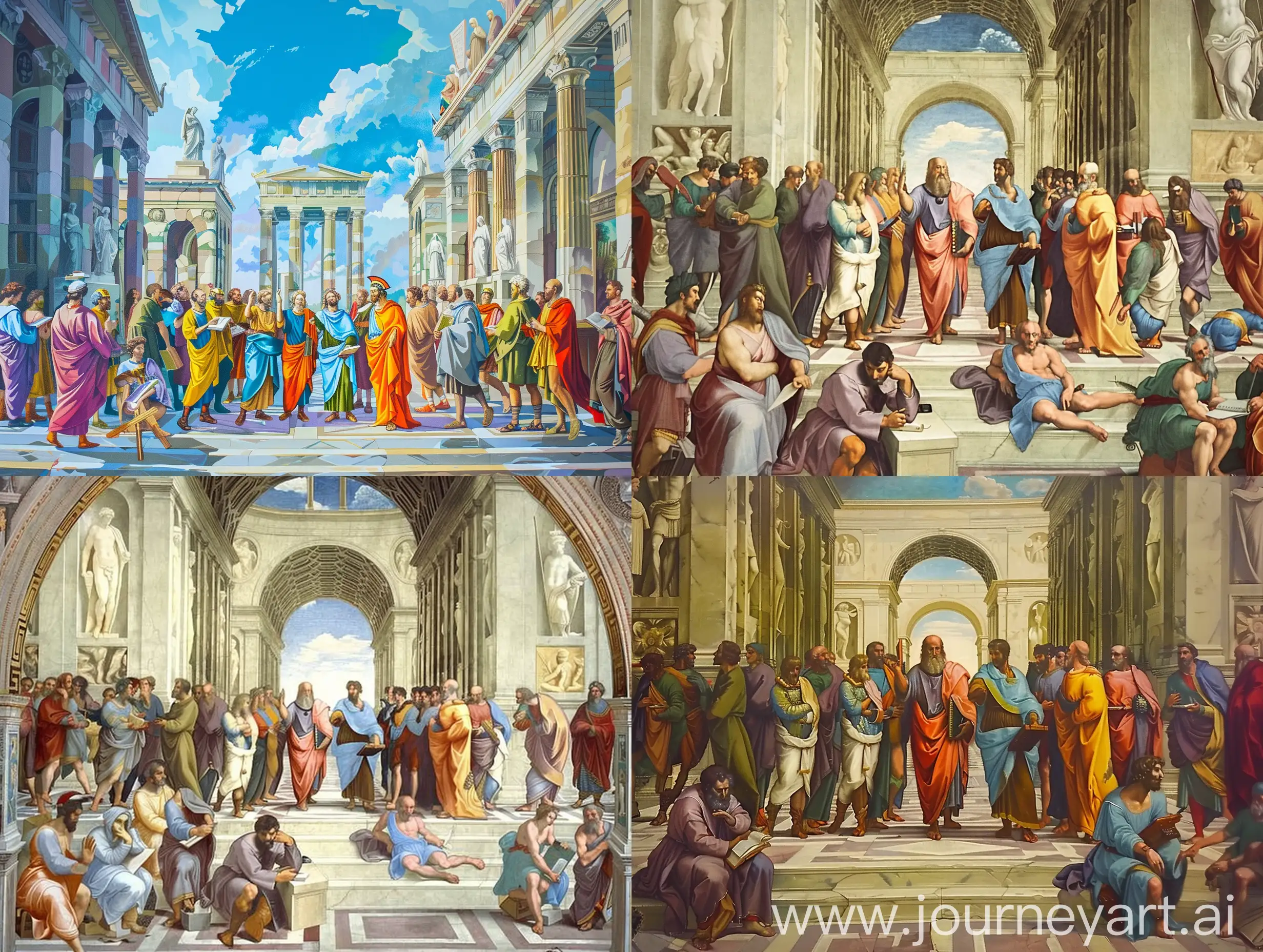 Oil painting which Capture the essence of the Renaissance masterpiece 'The School of Athens' by Raphael in your painting. Depict a gathering of ancient Greek philosophers and scientists engaged in deep discussions in a grand architectural setting. Emphasize the harmony between science, philosophy, and art through a symphony of color, form, and perspective. Include diverse figures in colorful robes, with some writing, discussing, or contemplating. Incorporate classical architectural elements, statues of gods, and a clear vanishing point to add depth to the scene. Let the painting reflect the intellectual achievements and philosophical beliefs of antiquity and the Renaissance era --c 3