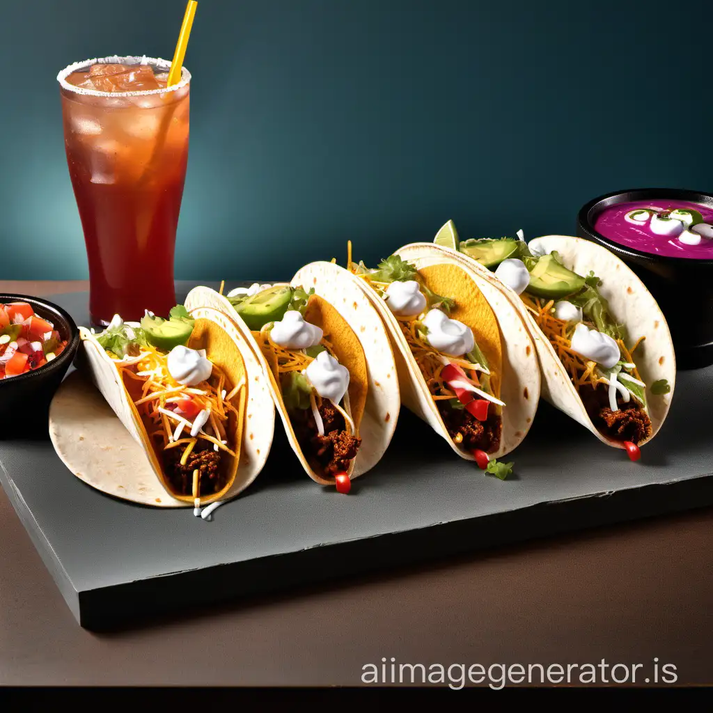 two tacos and four fountain drinks on a table. product photography for offer post