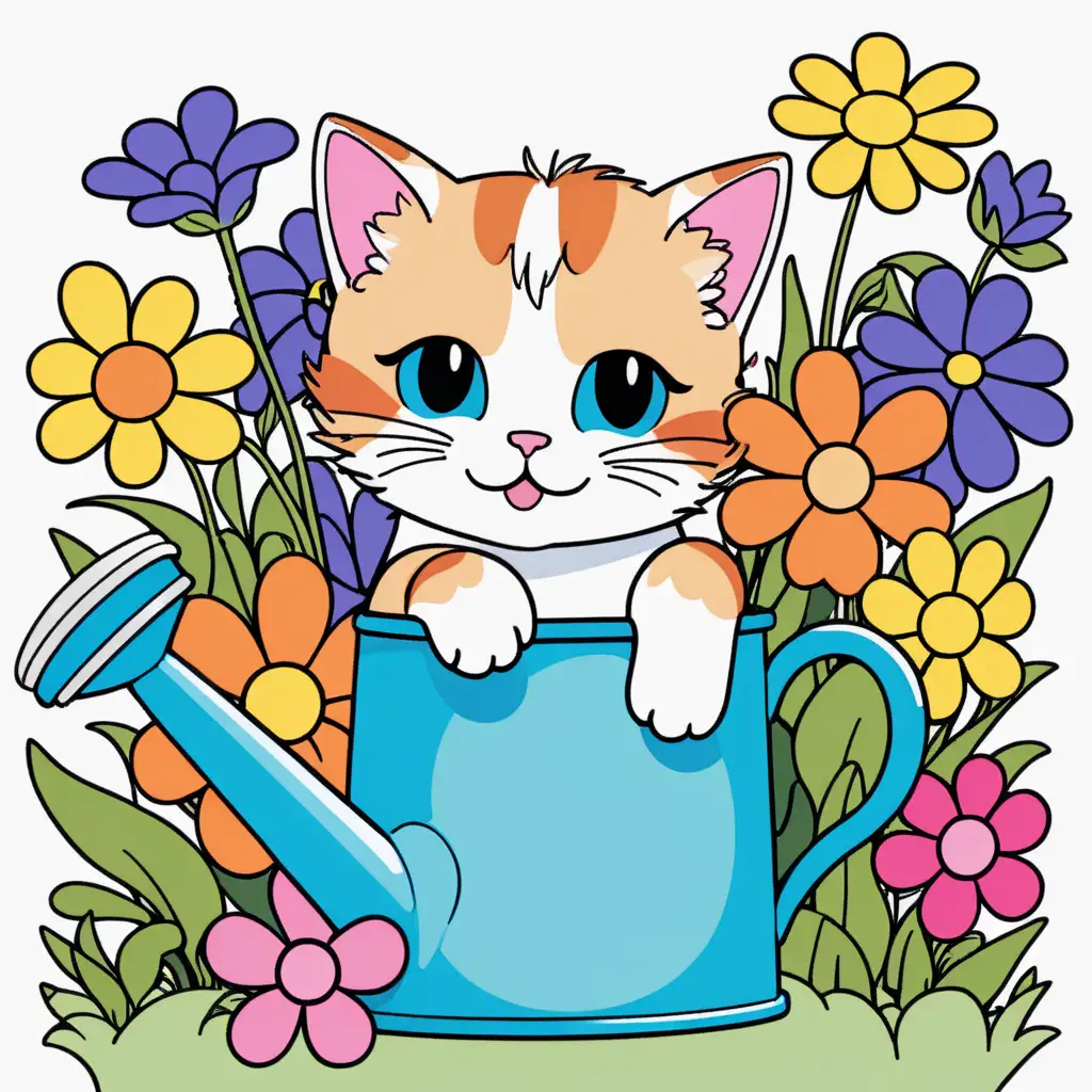Colored page colorful with simple and cute smiling kitten peeking out from inside a flower-filled watering can.