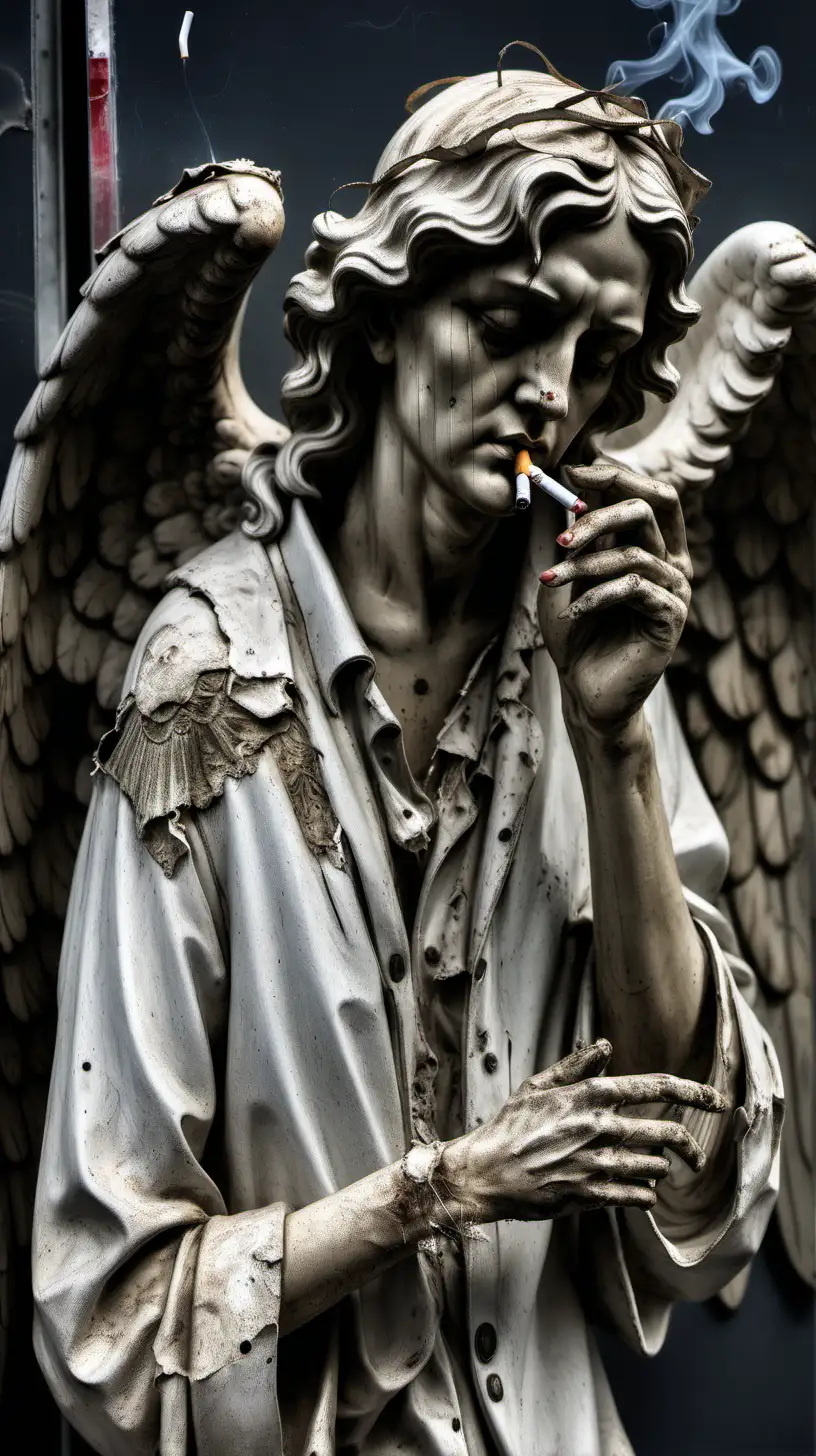 worn and tattered guardian angel smoking a cigarette


