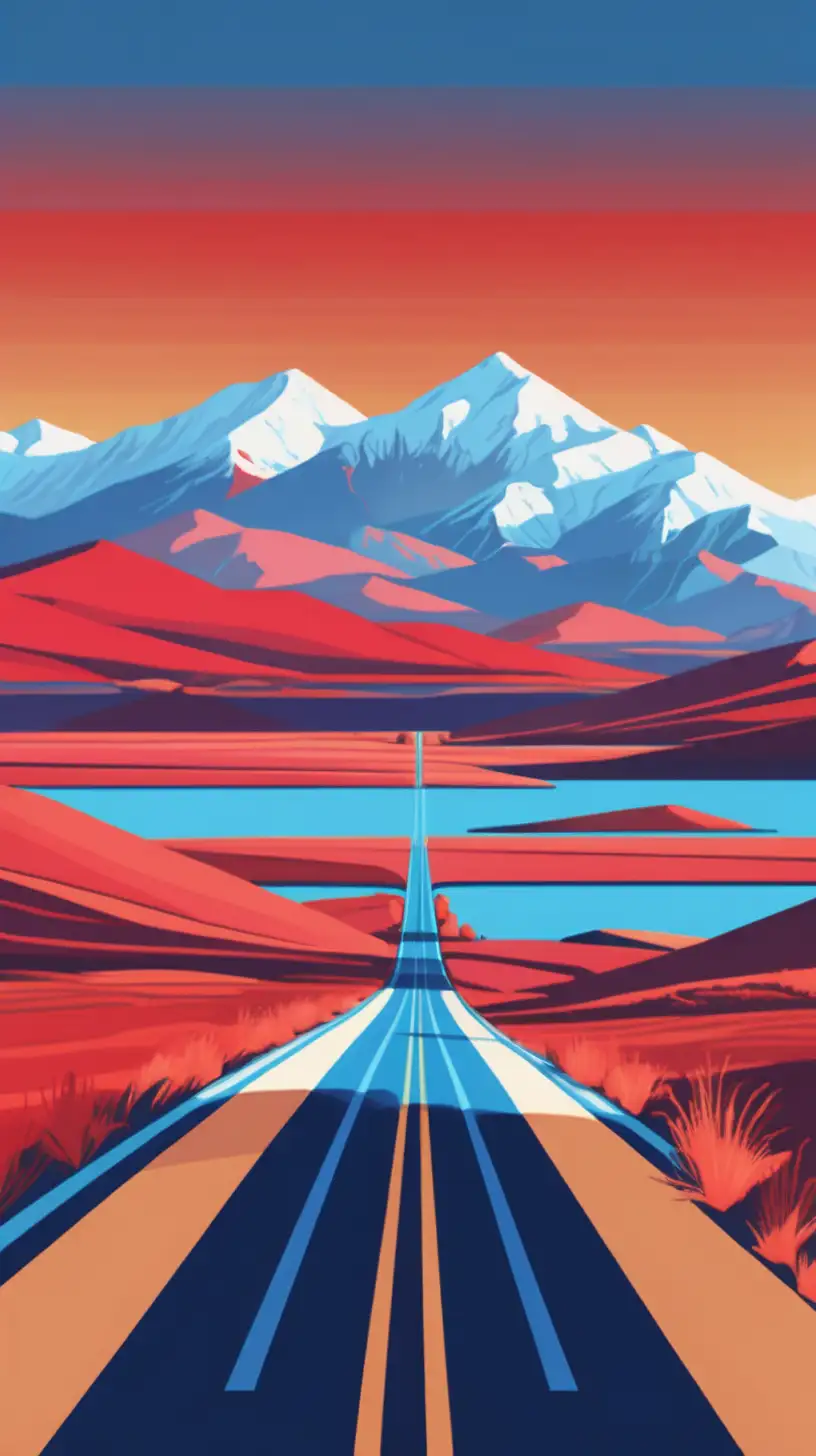 高速公路，有远山，群山连绵，不要雪山出现，动感色块，主色为红色，大气，插画风格