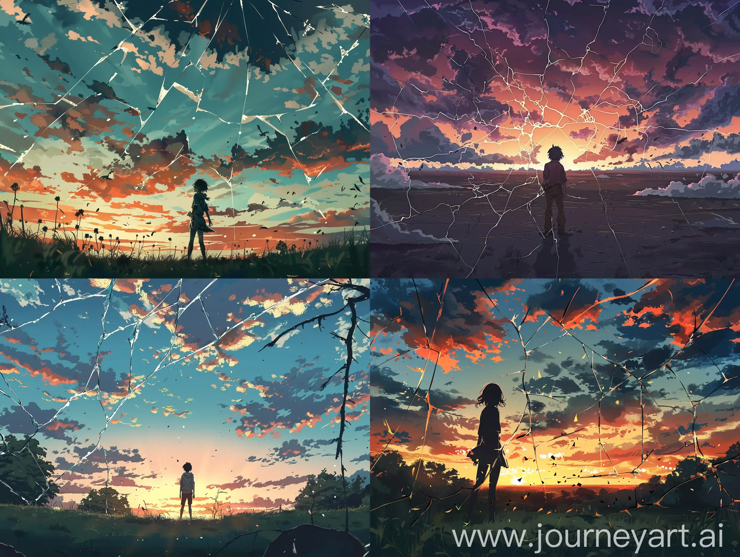 anime style Awakening to a fractured sky and unfamiliar landscape