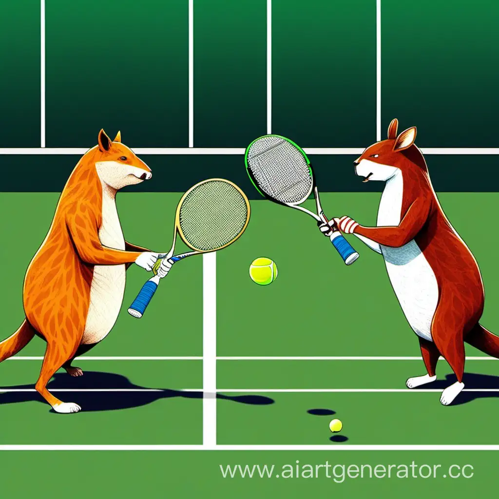 Животные  с двумя ракетками играют в теннис на корте против друг друга 