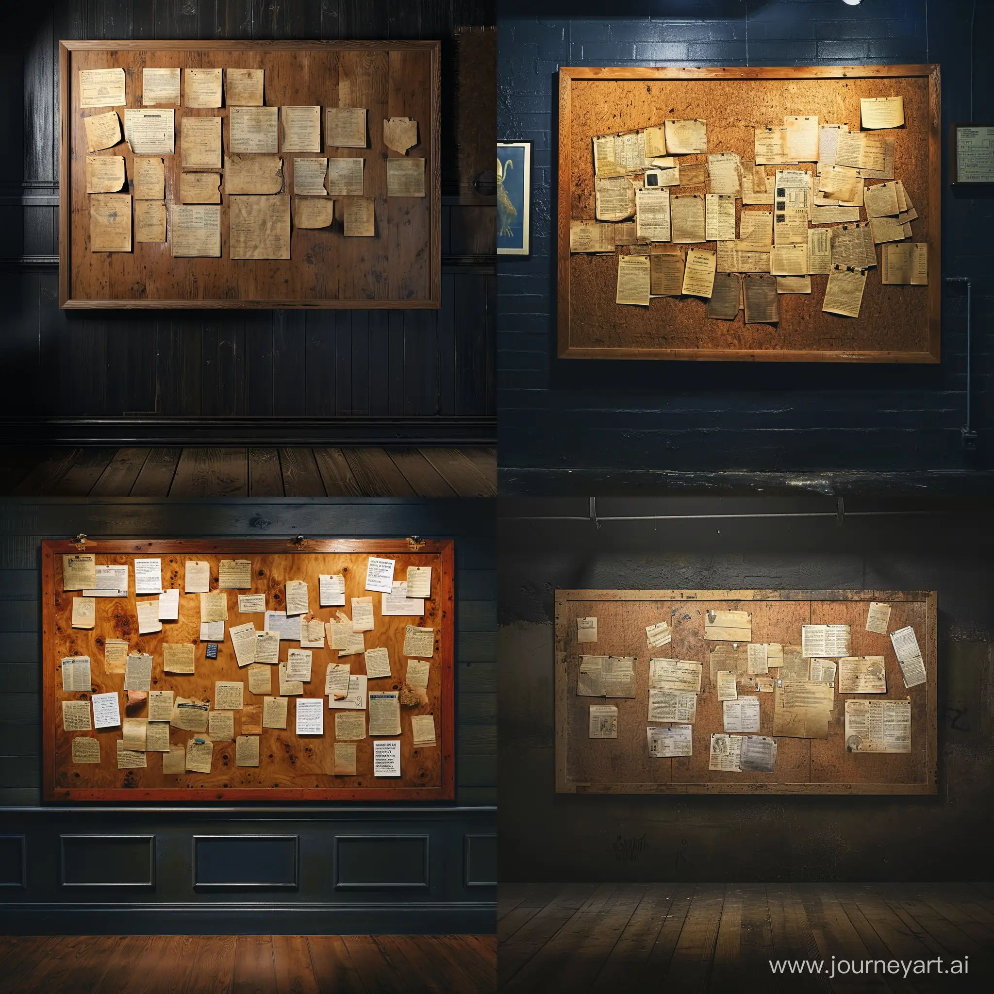 Mysterious-Alien-Notices-on-Wooden-Notice-Board-in-Dark-Room