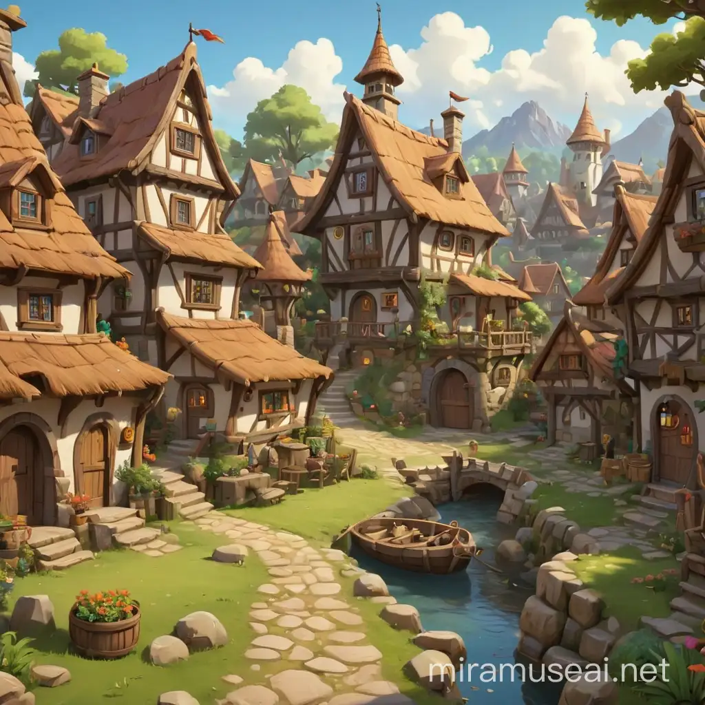 Whimsical Fantasy Village in Vibrant Cartoon Style
