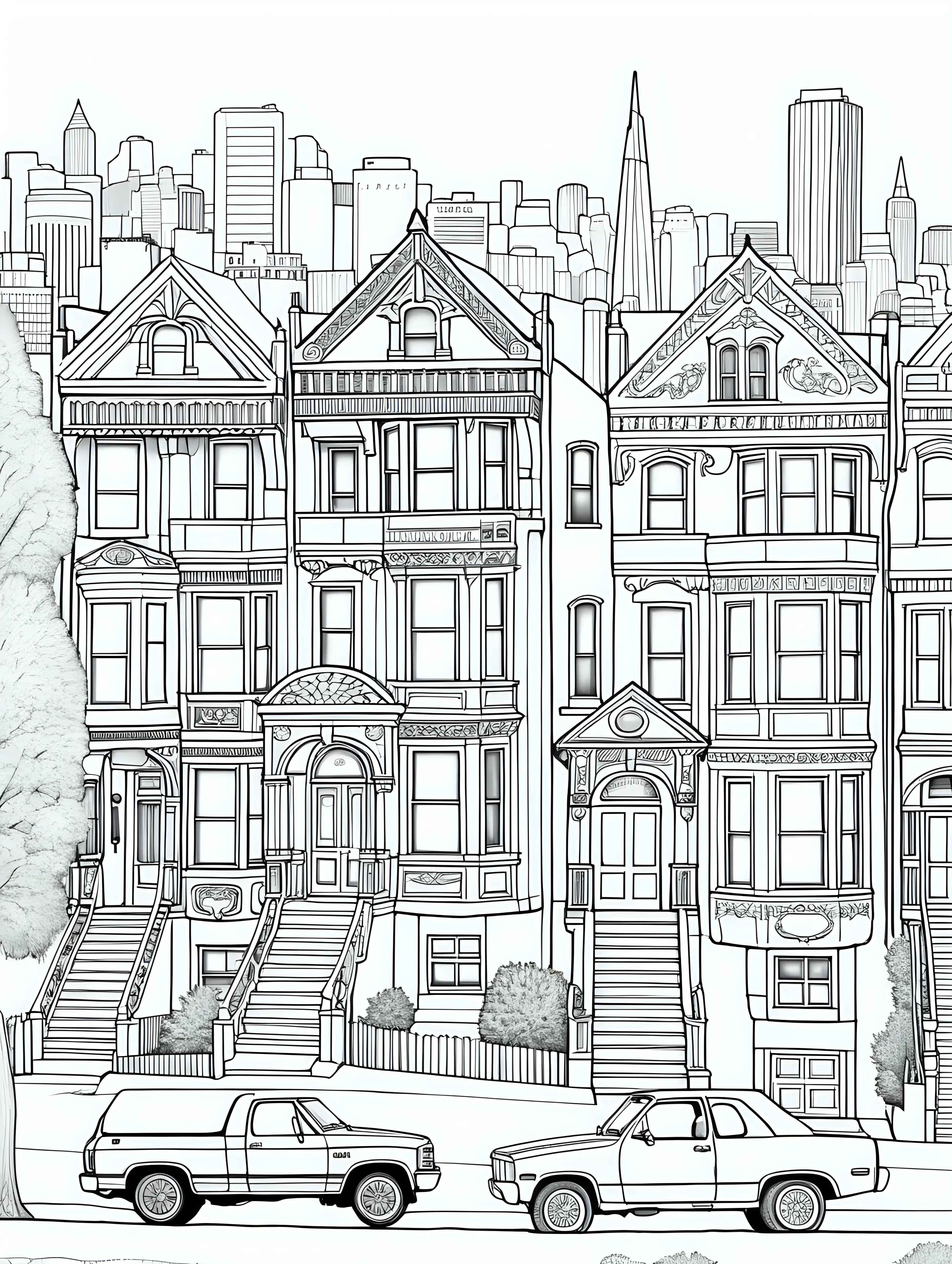 A Coloring book page, San francisco painted ladies style townhouses, should be on a hill, have other fun elements outside such as trees, cars. place emphasis on surrounding scene, sky, etc, The lines should be simple, suitable for younger colorists.