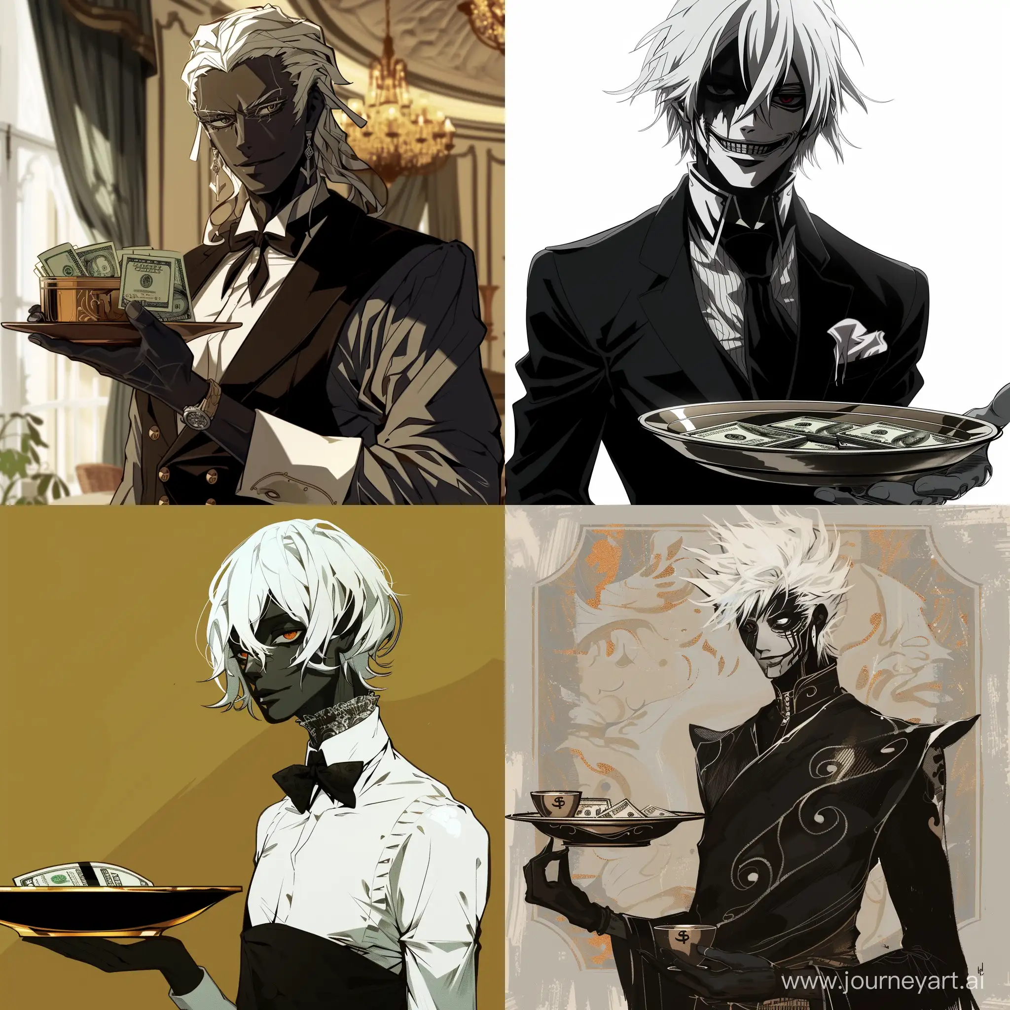 A BUTLER IN ANIME STYLE LIKE KILL LA KILL , HE HAS WHITE HAIR AND BLACK SKIN, HE IS HOLDING A SERVING TRAY OF MONEY.