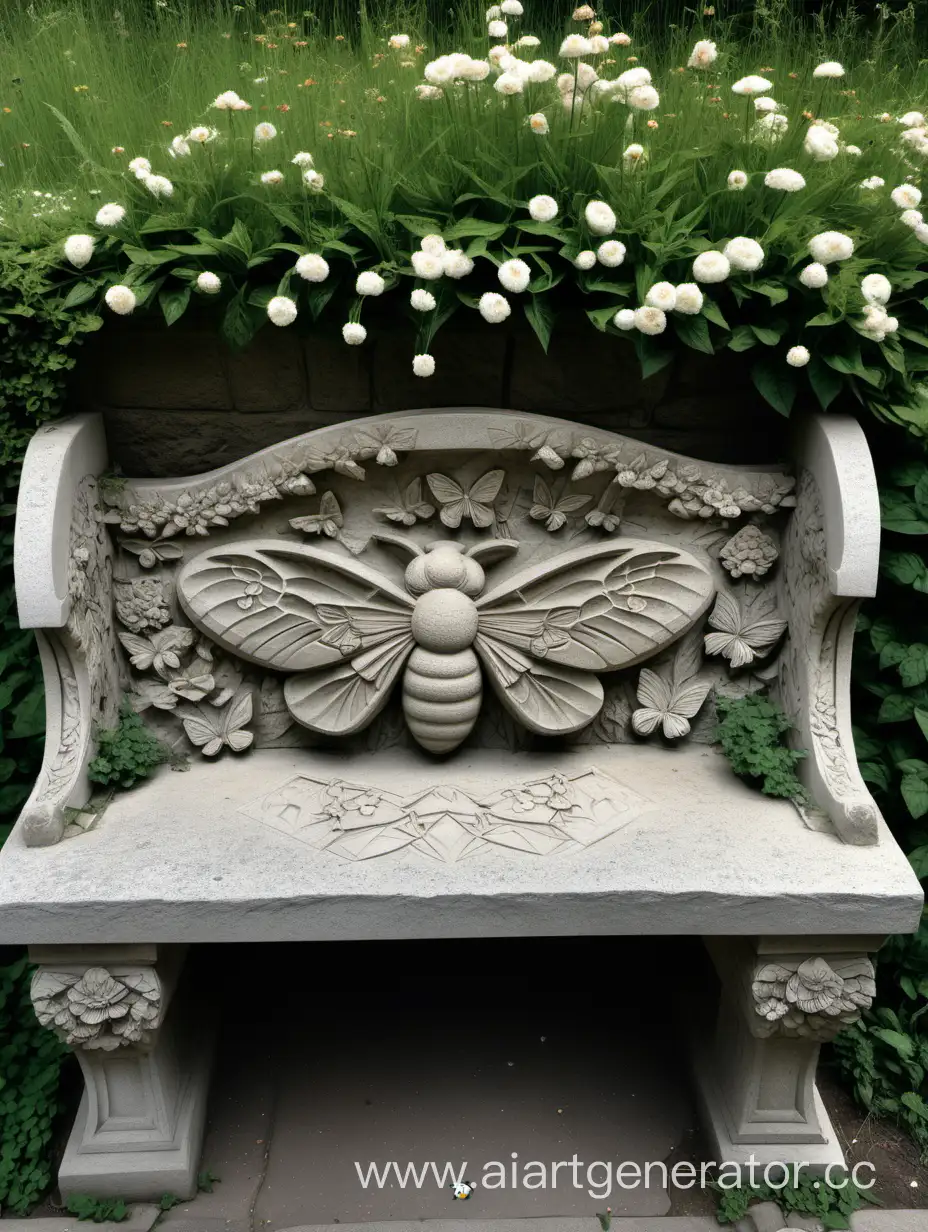 Каменная скамье с отломанной спинкой. На скамье выточенные в камне цветы, пчёлы и бабочки с рельефными крыльями. Скамье лет сто, если не больше