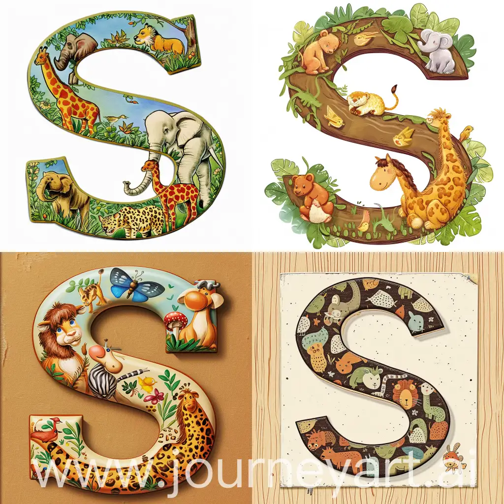 childrens book image of the letter S. Animal theme 